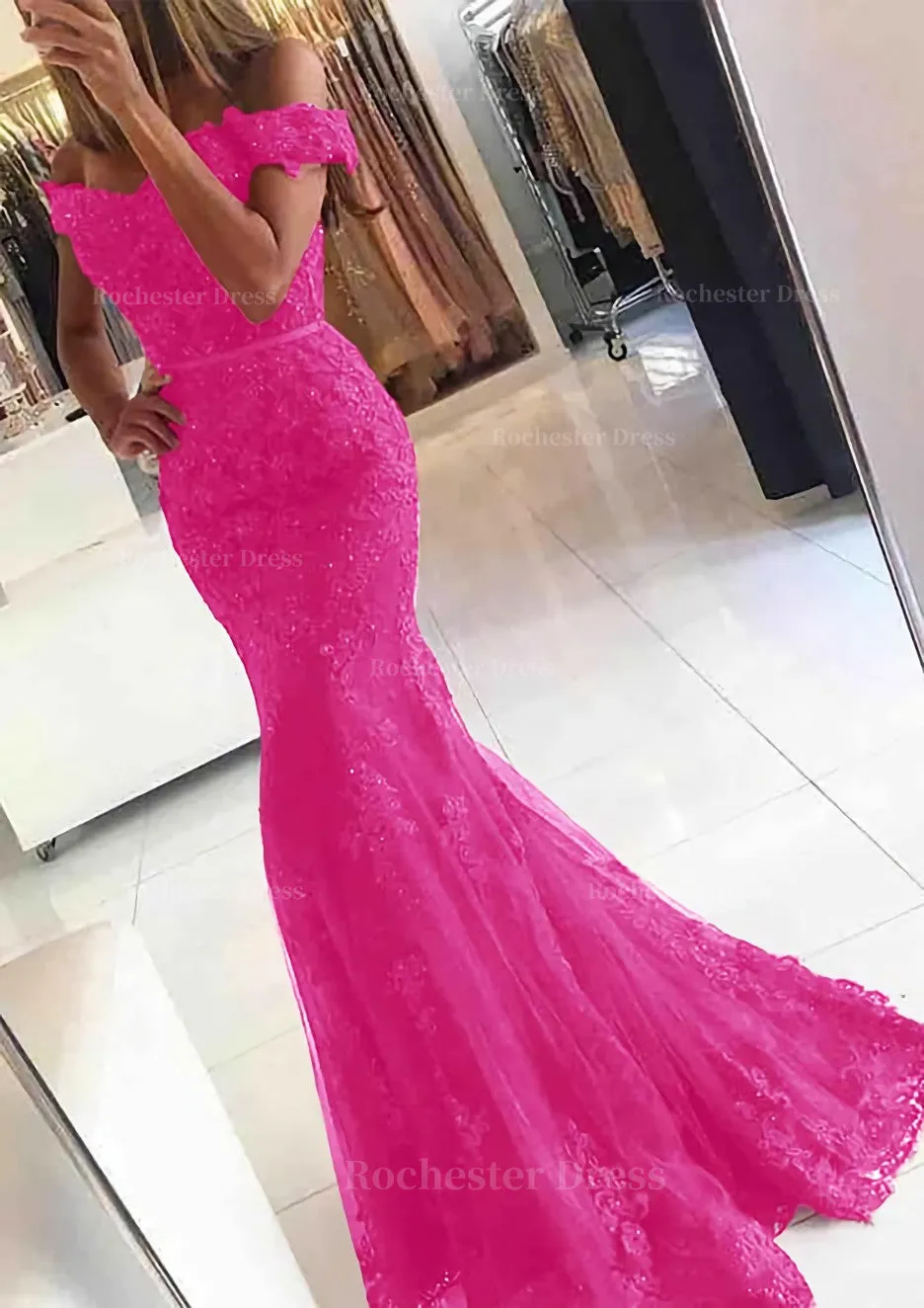Lace Long/Floor-Length Trumpet/Mermaid Sleeveless Off-The-Shoulder Zipper Prom Dress With Appliqued Beaded