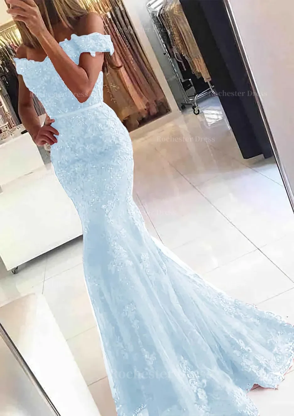 Lace Long/Floor-Length Trumpet/Mermaid Sleeveless Off-The-Shoulder Zipper Prom Dress With Appliqued Beaded