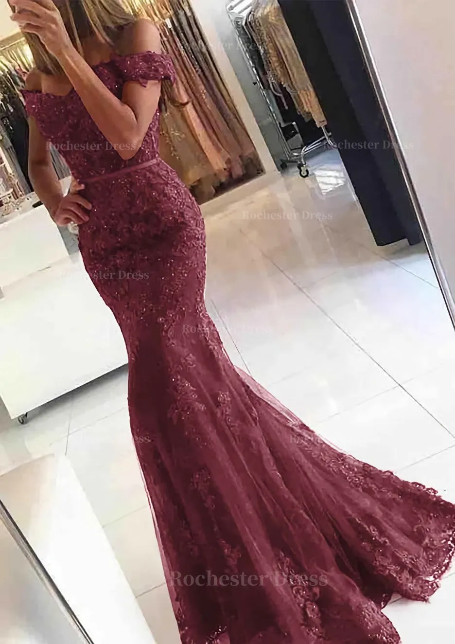 Lace Long/Floor-Length Trumpet/Mermaid Sleeveless Off-The-Shoulder Zipper Prom Dress With Appliqued Beaded