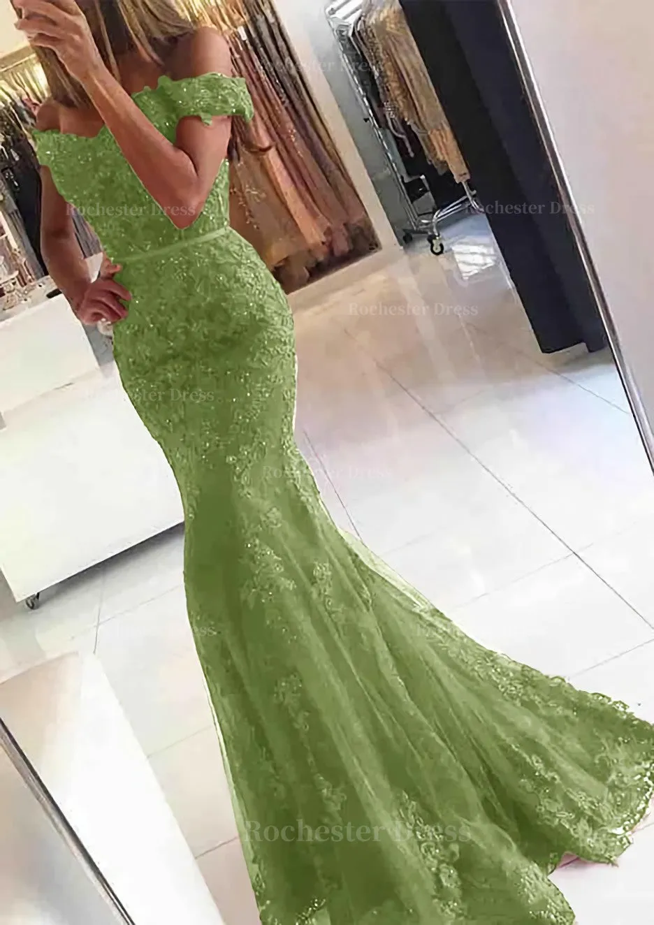 Lace Long/Floor-Length Trumpet/Mermaid Sleeveless Off-The-Shoulder Zipper Prom Dress With Appliqued Beaded