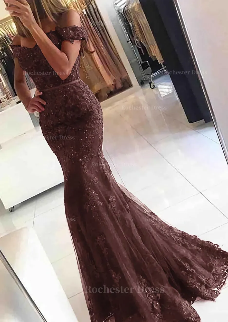 Lace Long/Floor-Length Trumpet/Mermaid Sleeveless Off-The-Shoulder Zipper Prom Dress With Appliqued Beaded
