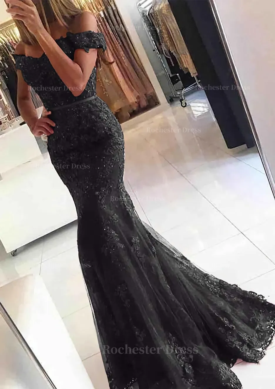 Lace Long/Floor-Length Trumpet/Mermaid Sleeveless Off-The-Shoulder Zipper Prom Dress With Appliqued Beaded