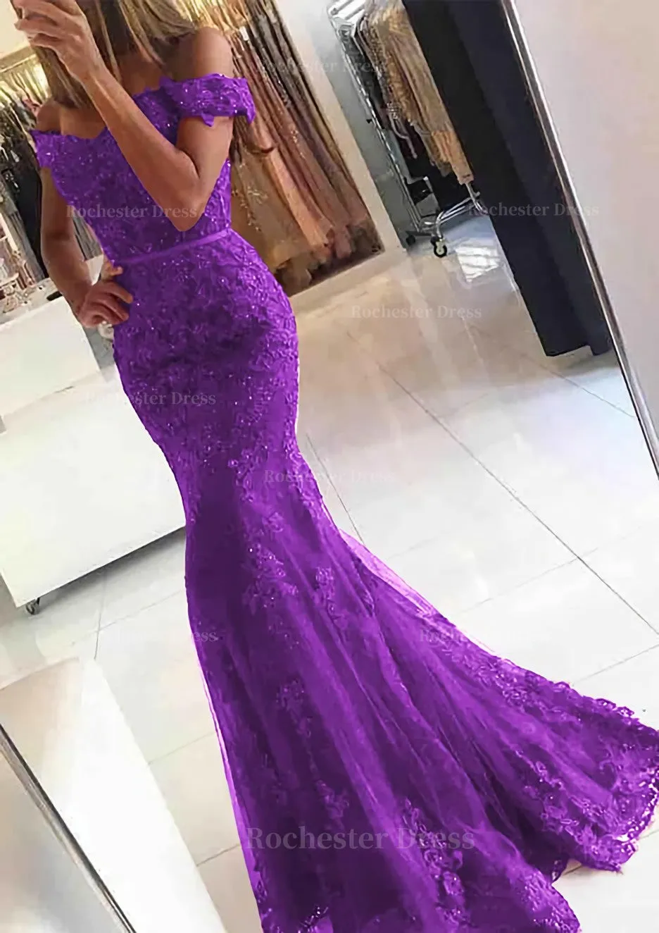 Lace Long/Floor-Length Trumpet/Mermaid Sleeveless Off-The-Shoulder Zipper Prom Dress With Appliqued Beaded