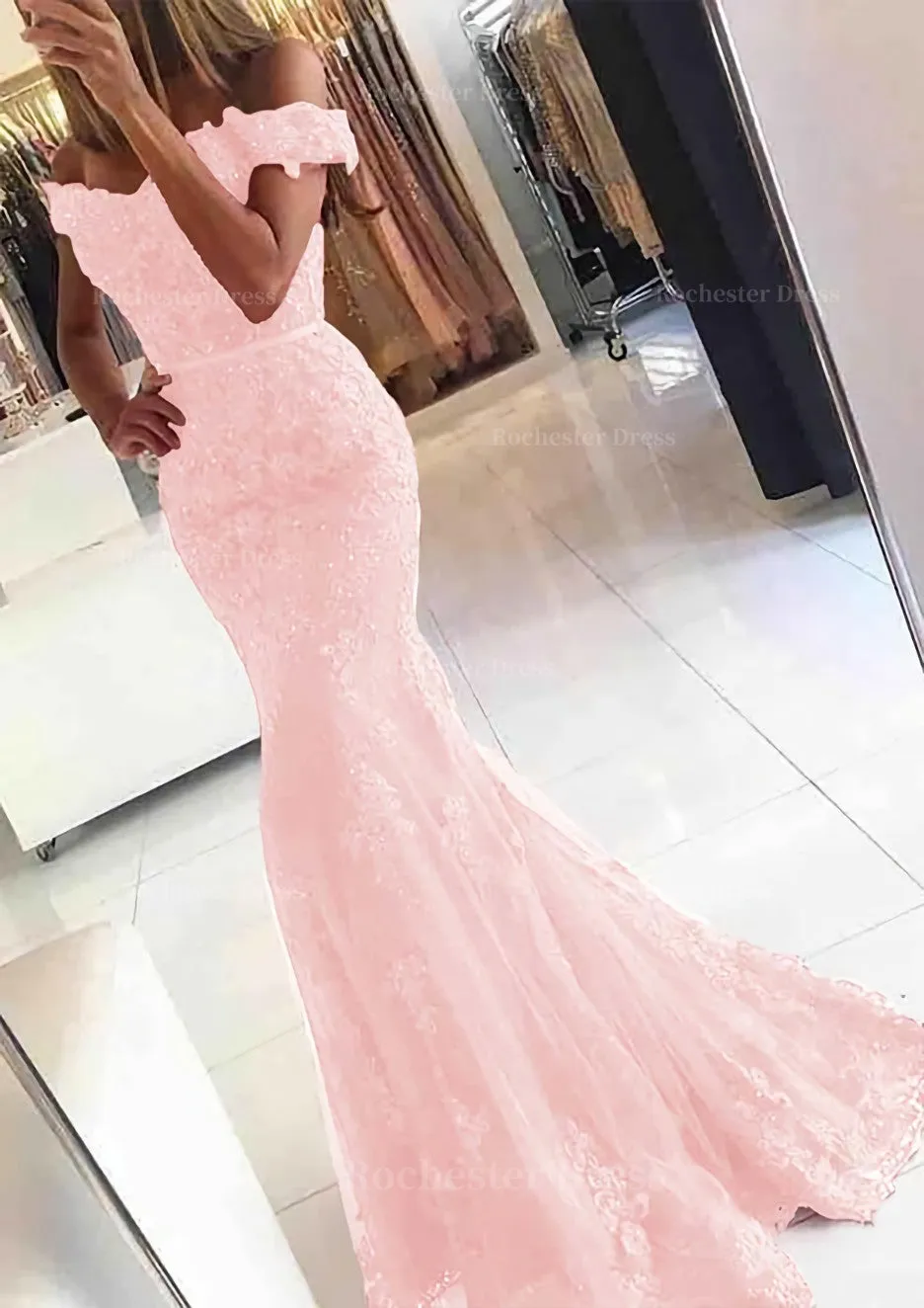 Lace Long/Floor-Length Trumpet/Mermaid Sleeveless Off-The-Shoulder Zipper Prom Dress With Appliqued Beaded