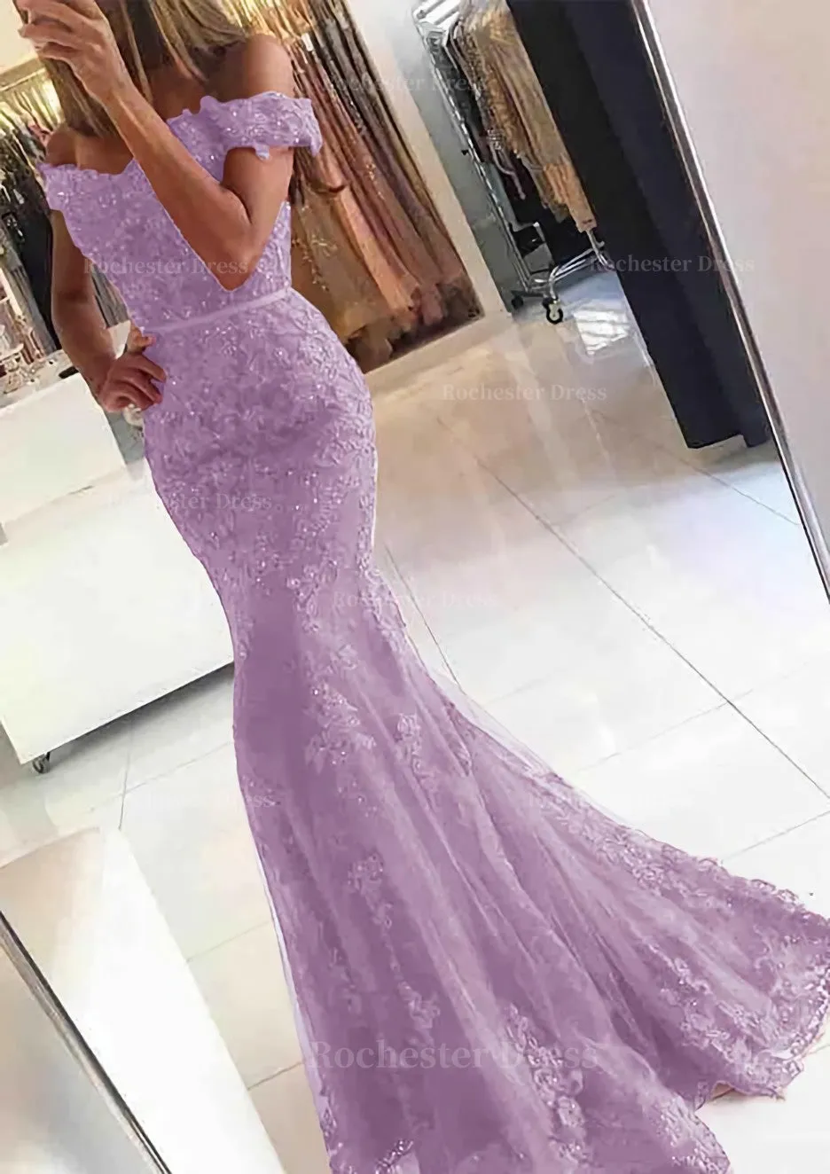 Lace Long/Floor-Length Trumpet/Mermaid Sleeveless Off-The-Shoulder Zipper Prom Dress With Appliqued Beaded