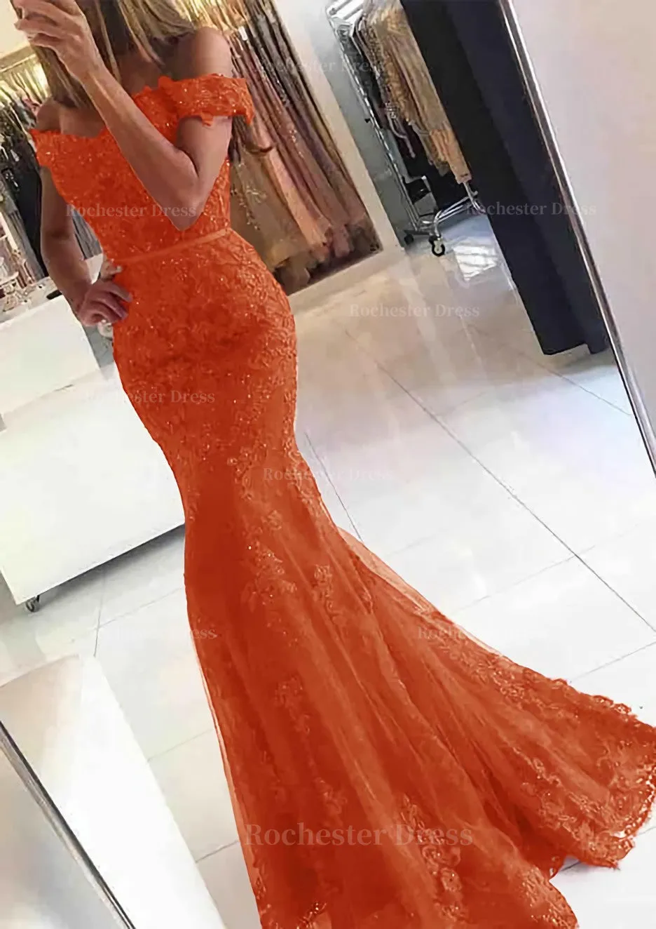 Lace Long/Floor-Length Trumpet/Mermaid Sleeveless Off-The-Shoulder Zipper Prom Dress With Appliqued Beaded