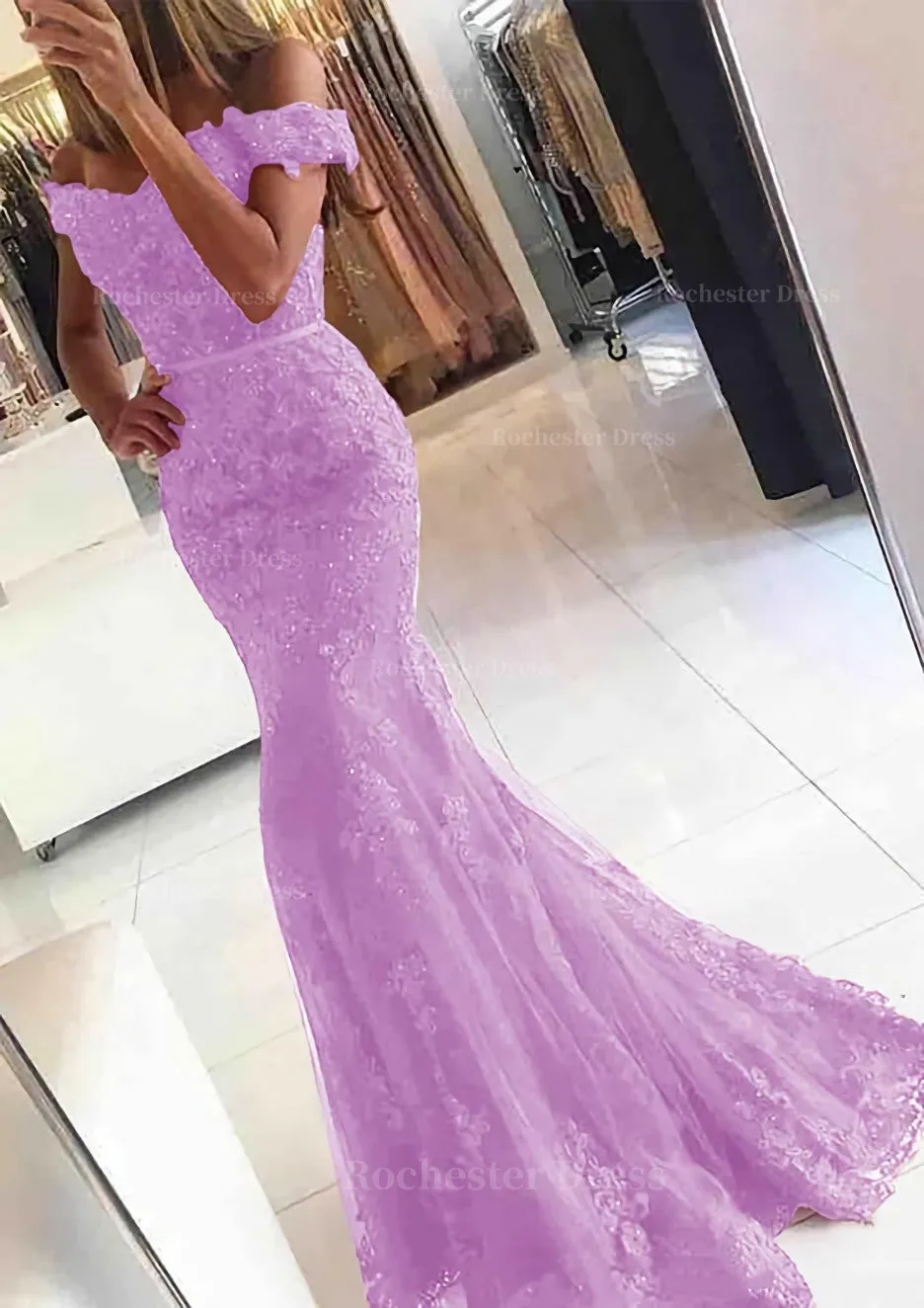 Lace Long/Floor-Length Trumpet/Mermaid Sleeveless Off-The-Shoulder Zipper Prom Dress With Appliqued Beaded