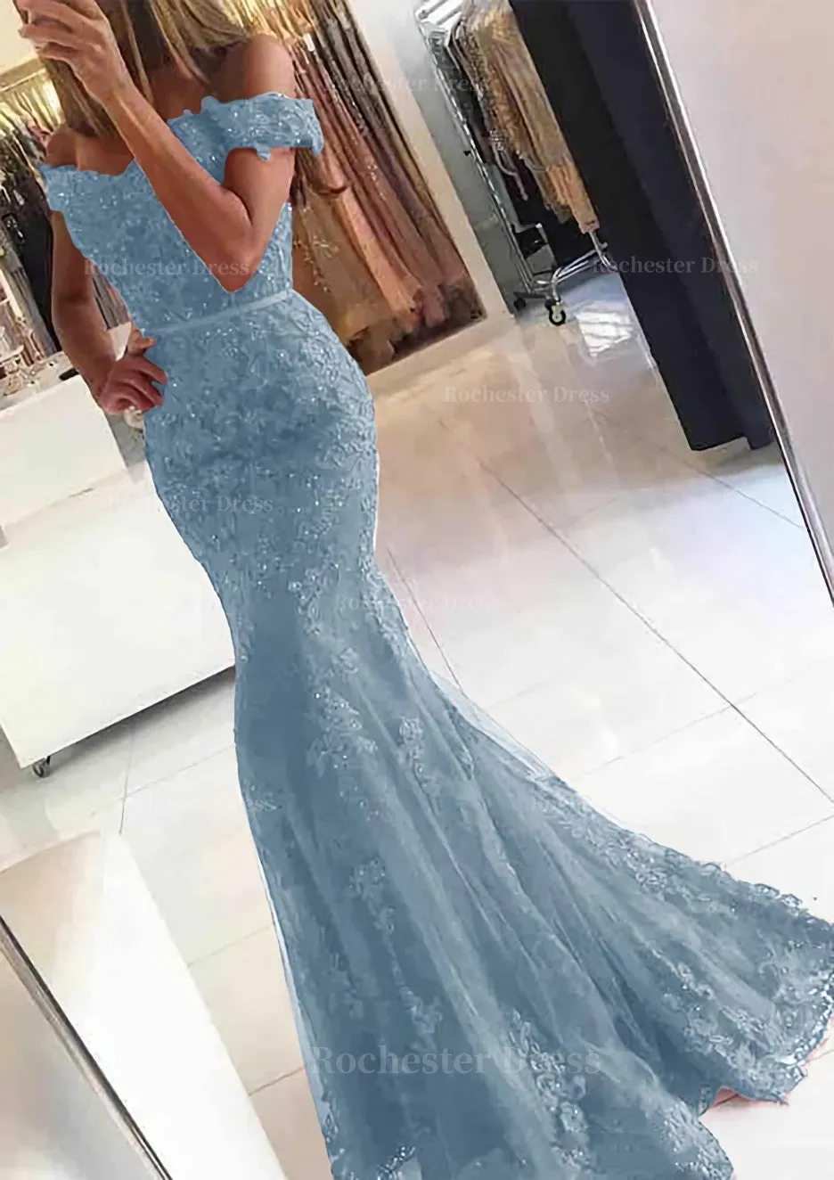 Lace Long/Floor-Length Trumpet/Mermaid Sleeveless Off-The-Shoulder Zipper Prom Dress With Appliqued Beaded