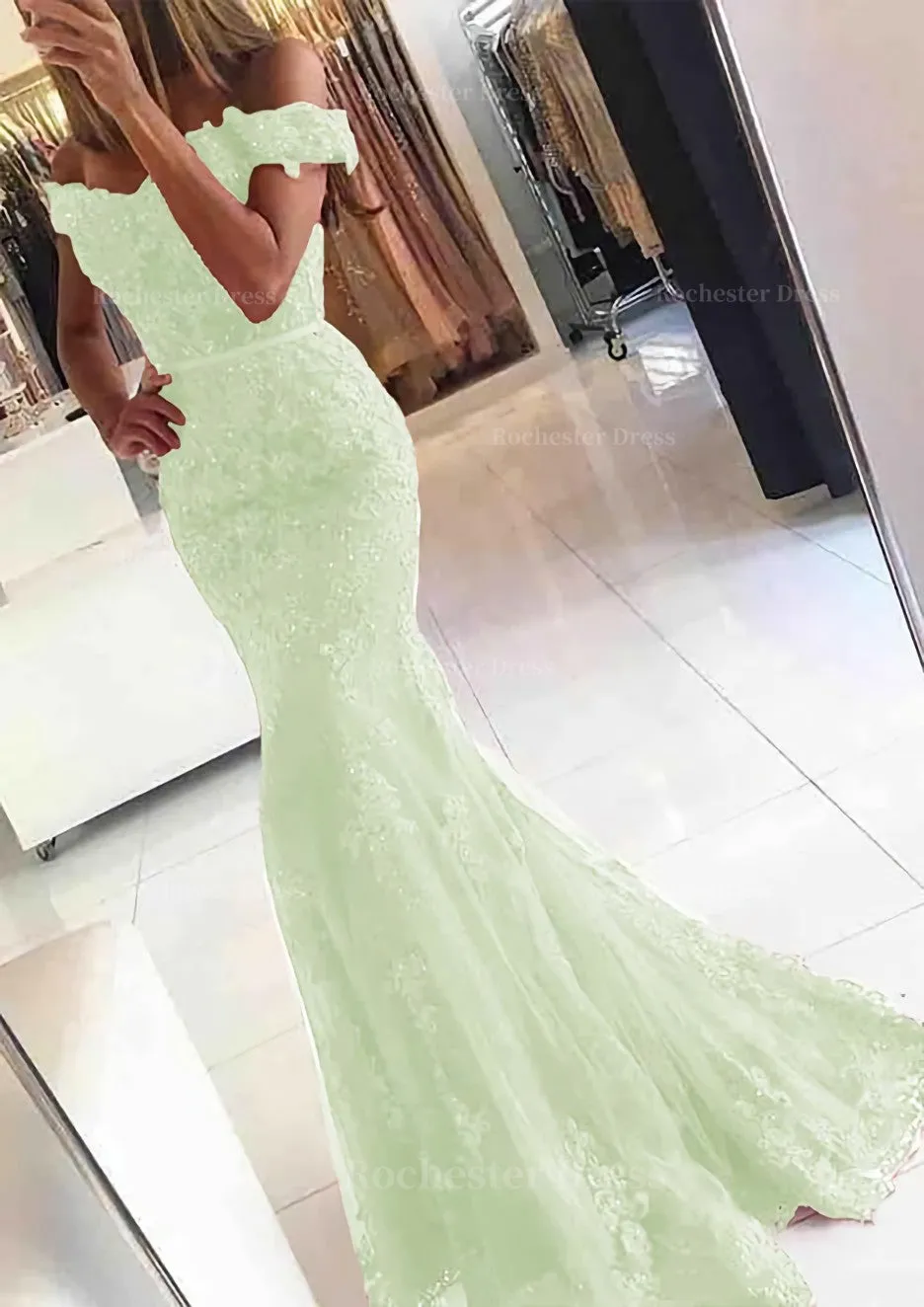 Lace Long/Floor-Length Trumpet/Mermaid Sleeveless Off-The-Shoulder Zipper Prom Dress With Appliqued Beaded