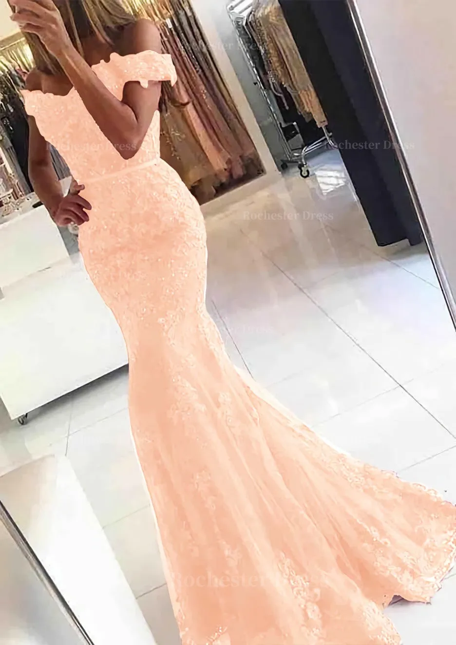 Lace Long/Floor-Length Trumpet/Mermaid Sleeveless Off-The-Shoulder Zipper Prom Dress With Appliqued Beaded