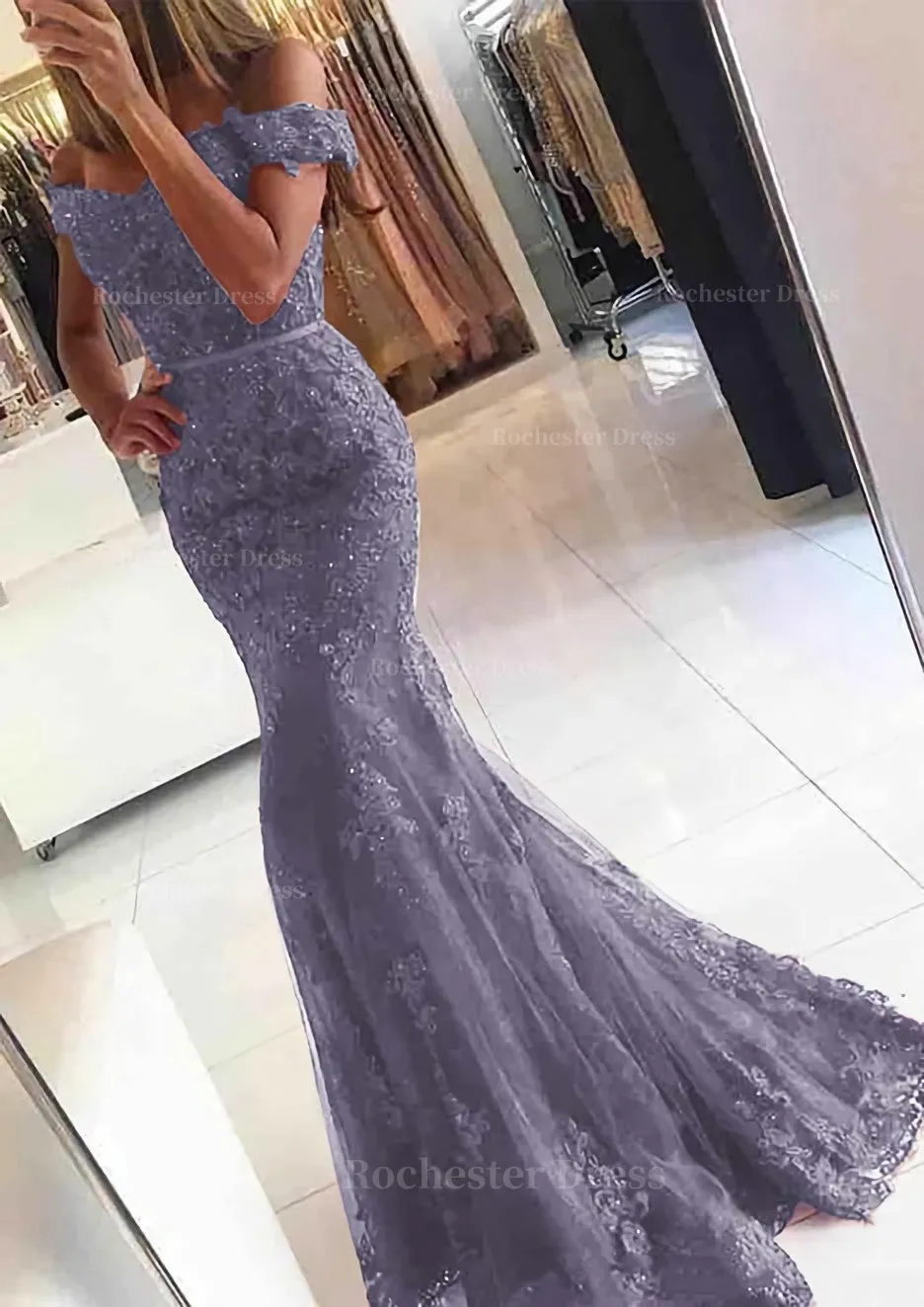 Lace Long/Floor-Length Trumpet/Mermaid Sleeveless Off-The-Shoulder Zipper Prom Dress With Appliqued Beaded