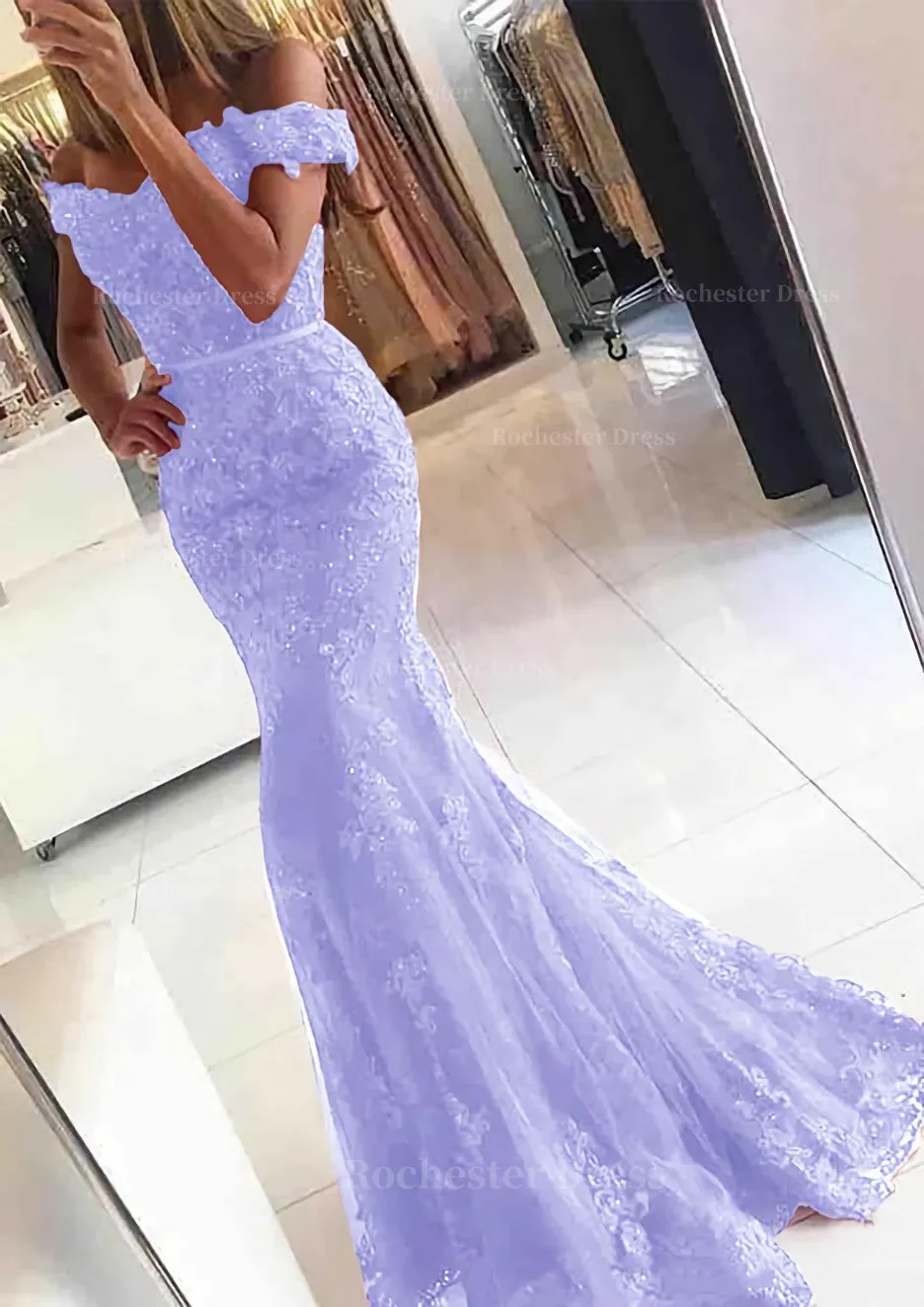 Lace Long/Floor-Length Trumpet/Mermaid Sleeveless Off-The-Shoulder Zipper Prom Dress With Appliqued Beaded