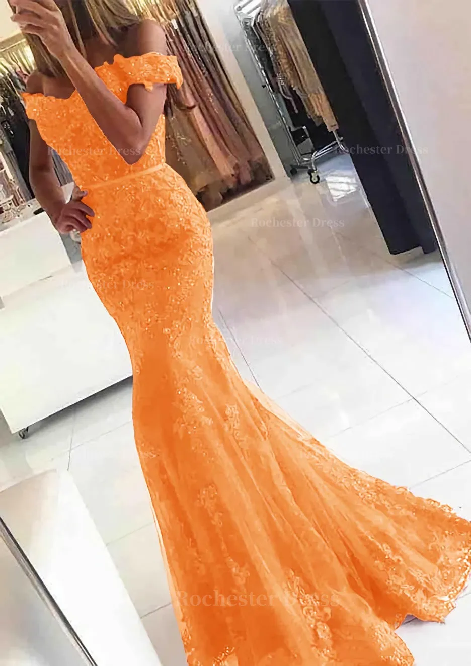 Lace Long/Floor-Length Trumpet/Mermaid Sleeveless Off-The-Shoulder Zipper Prom Dress With Appliqued Beaded