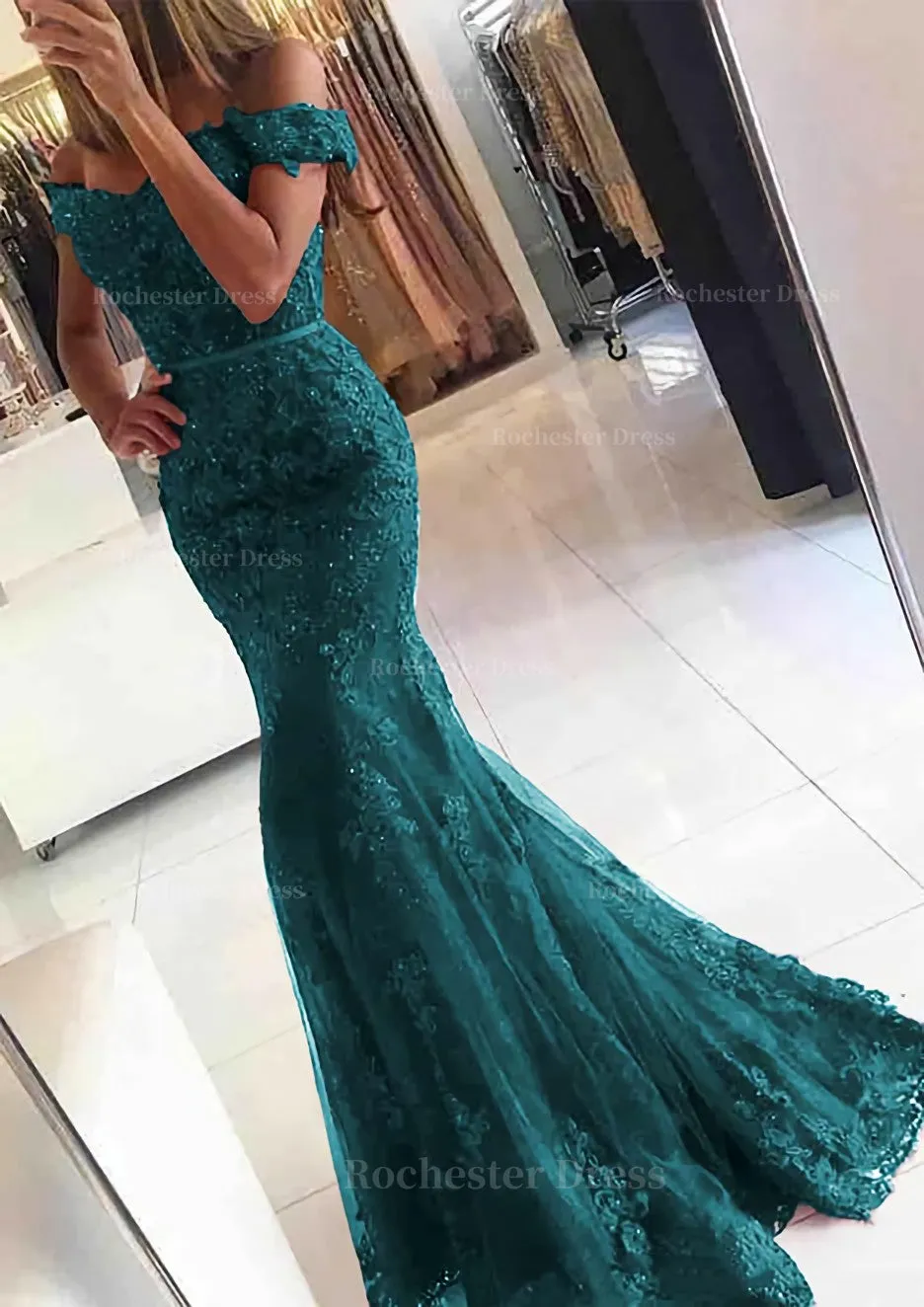 Lace Long/Floor-Length Trumpet/Mermaid Sleeveless Off-The-Shoulder Zipper Prom Dress With Appliqued Beaded