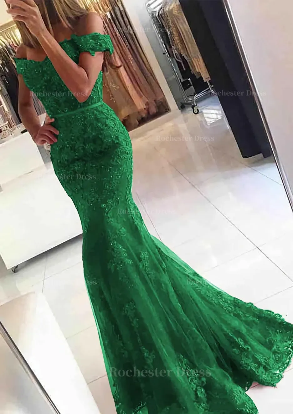 Lace Long/Floor-Length Trumpet/Mermaid Sleeveless Off-The-Shoulder Zipper Prom Dress With Appliqued Beaded
