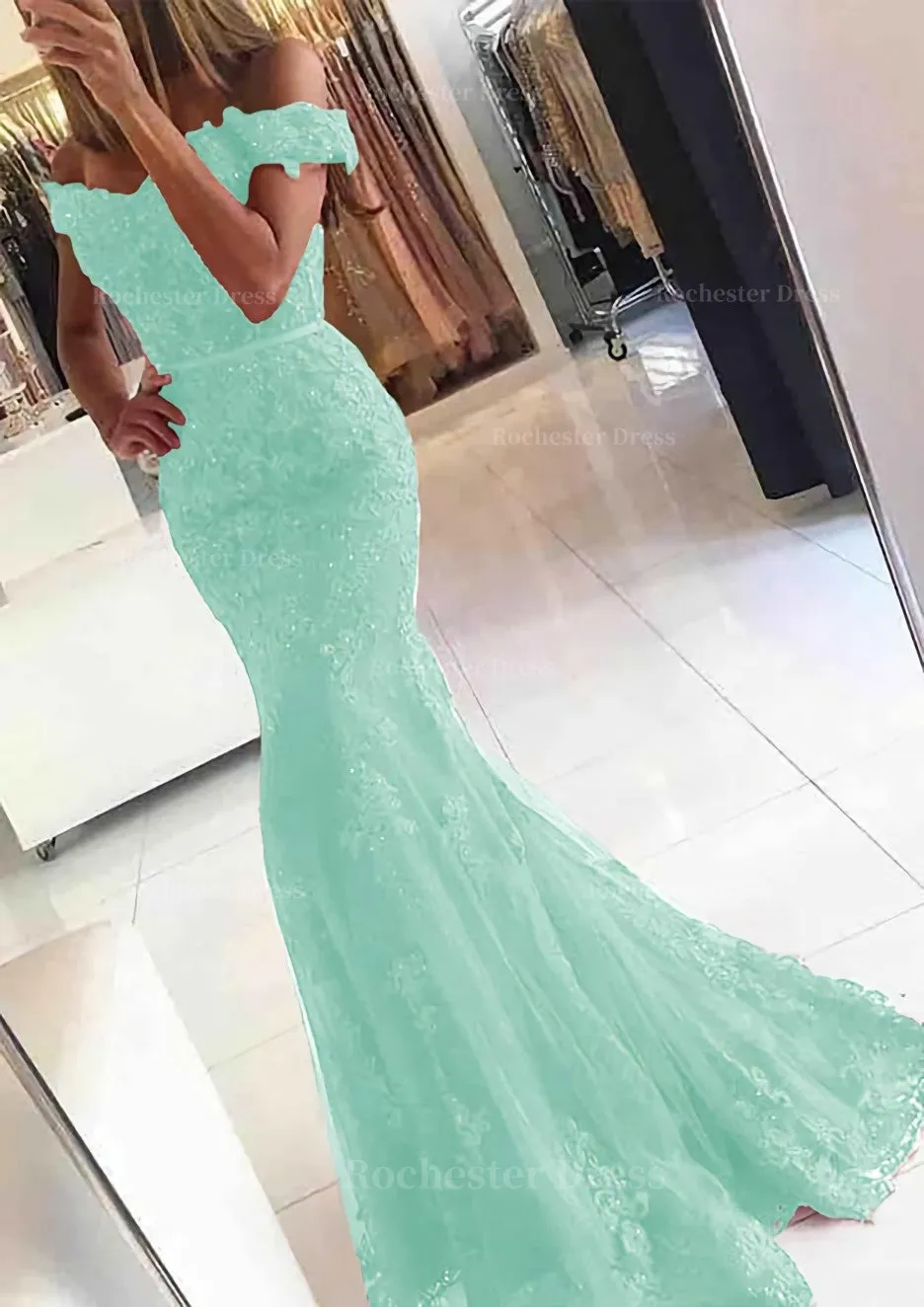 Lace Long/Floor-Length Trumpet/Mermaid Sleeveless Off-The-Shoulder Zipper Prom Dress With Appliqued Beaded