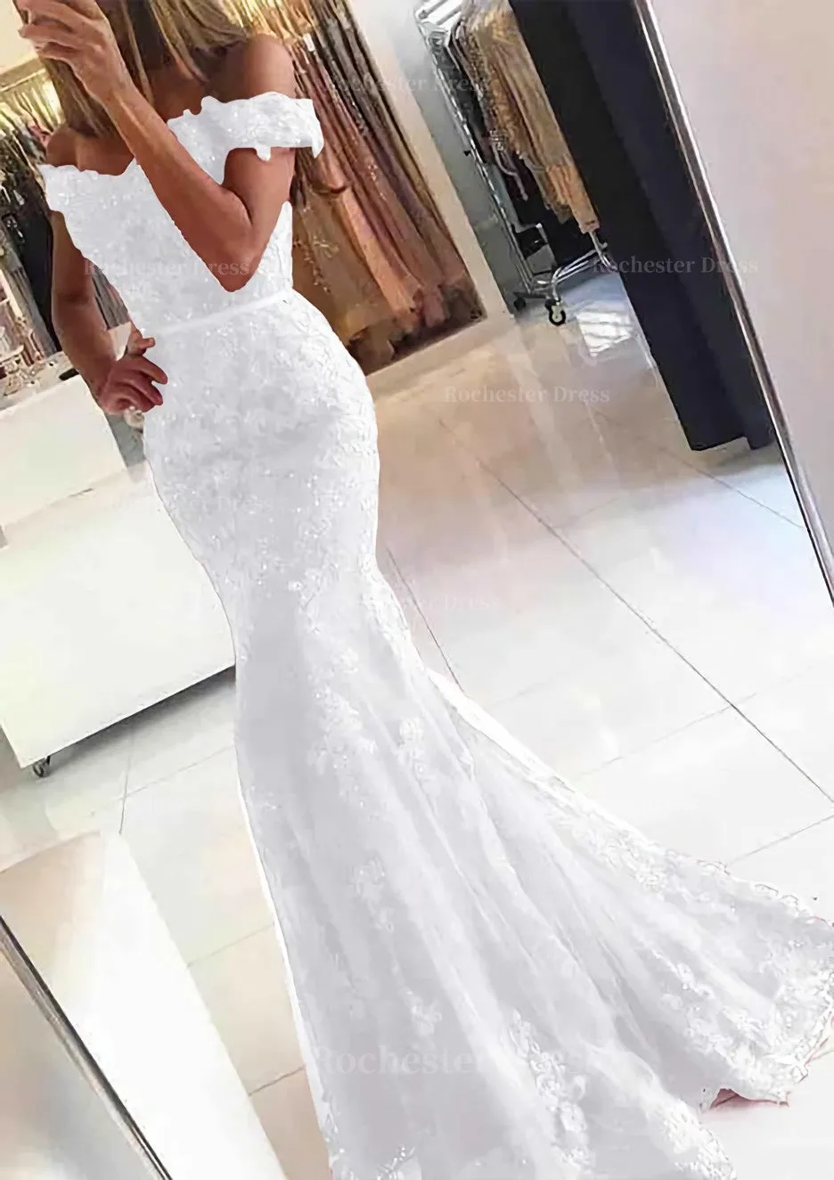 Lace Long/Floor-Length Trumpet/Mermaid Sleeveless Off-The-Shoulder Zipper Prom Dress With Appliqued Beaded