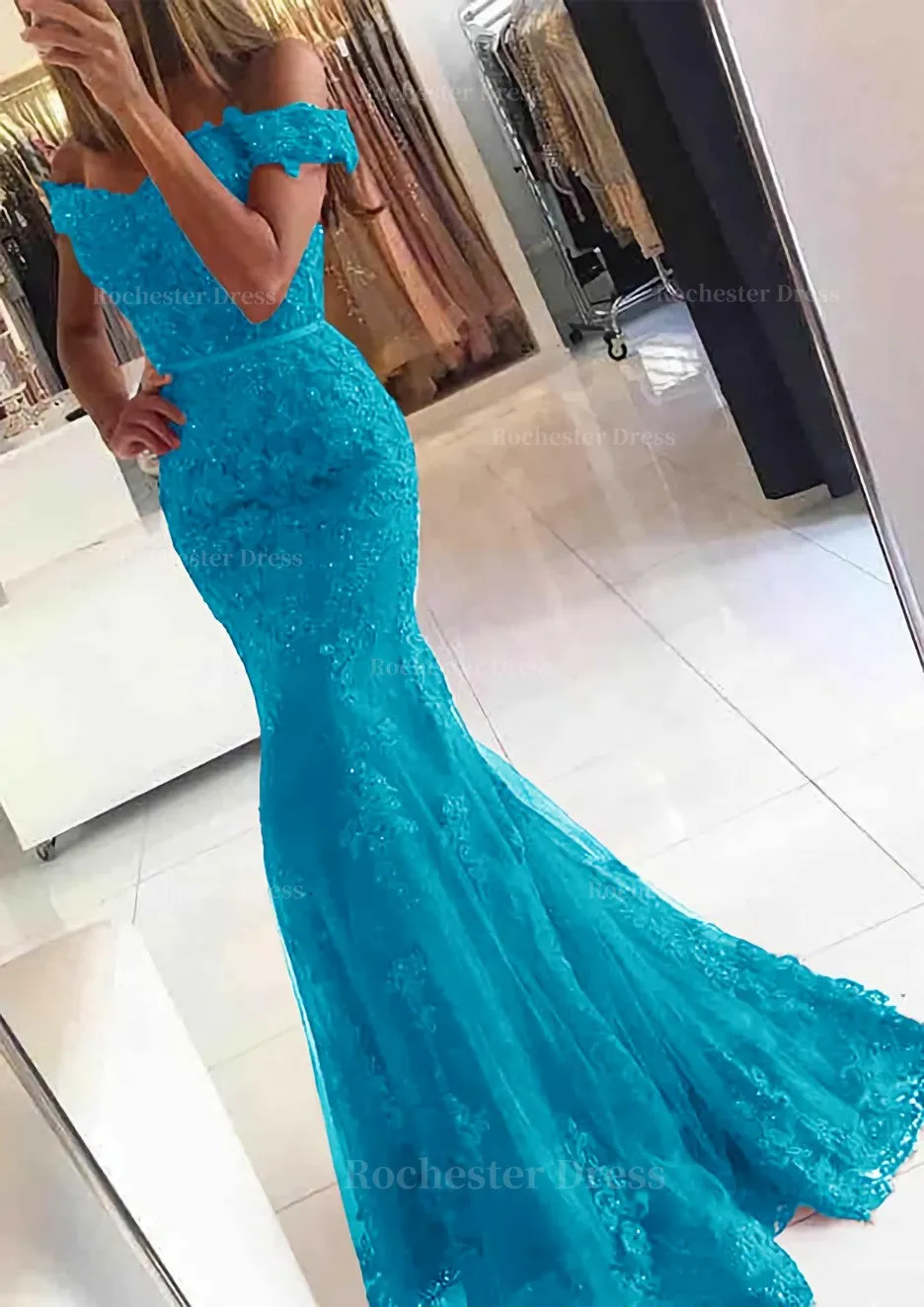 Lace Long/Floor-Length Trumpet/Mermaid Sleeveless Off-The-Shoulder Zipper Prom Dress With Appliqued Beaded