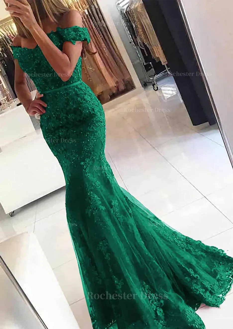 Lace Long/Floor-Length Trumpet/Mermaid Sleeveless Off-The-Shoulder Zipper Prom Dress With Appliqued Beaded