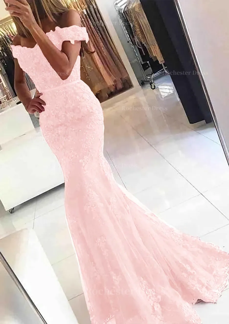 Lace Long/Floor-Length Trumpet/Mermaid Sleeveless Off-The-Shoulder Zipper Prom Dress With Appliqued Beaded