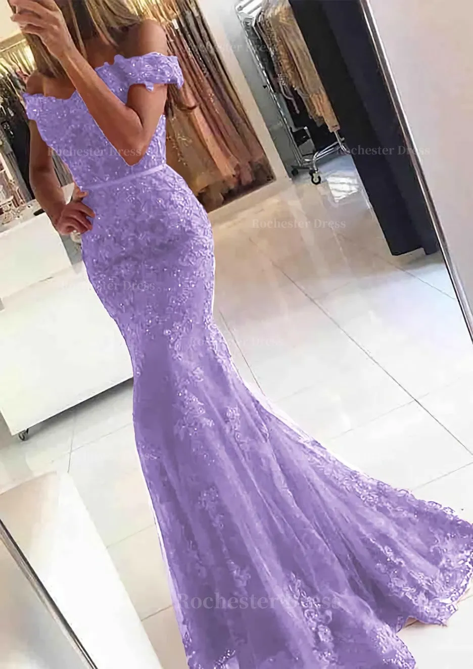 Lace Long/Floor-Length Trumpet/Mermaid Sleeveless Off-The-Shoulder Zipper Prom Dress With Appliqued Beaded