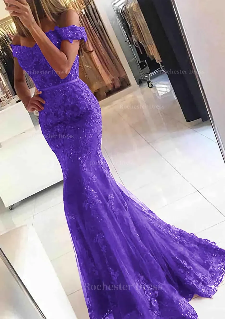 Lace Long/Floor-Length Trumpet/Mermaid Sleeveless Off-The-Shoulder Zipper Prom Dress With Appliqued Beaded