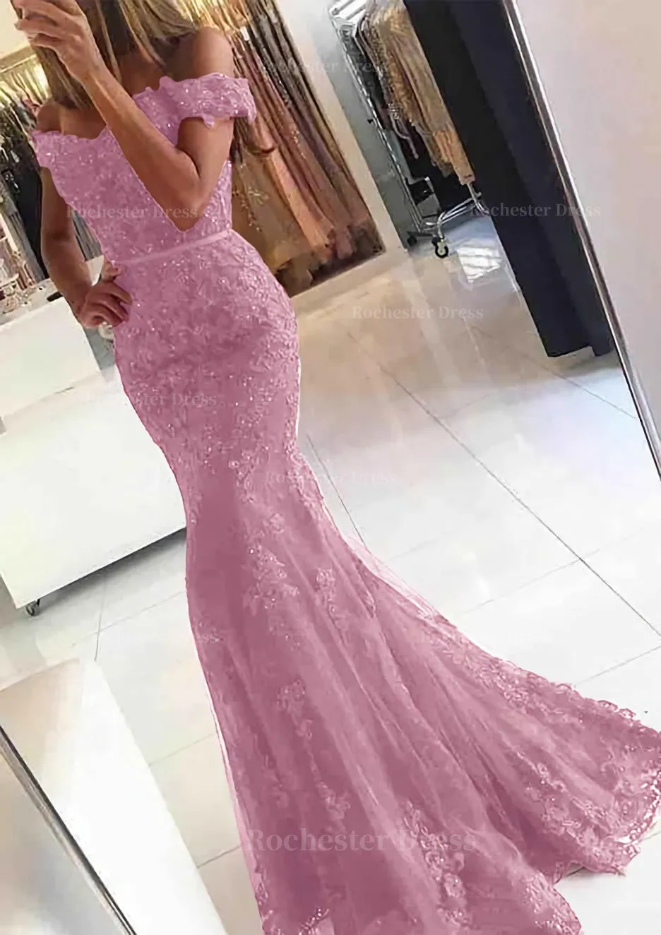 Lace Long/Floor-Length Trumpet/Mermaid Sleeveless Off-The-Shoulder Zipper Prom Dress With Appliqued Beaded