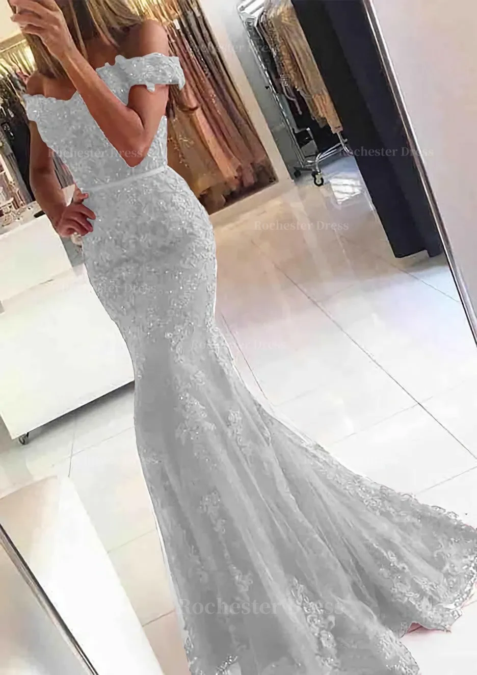 Lace Long/Floor-Length Trumpet/Mermaid Sleeveless Off-The-Shoulder Zipper Prom Dress With Appliqued Beaded