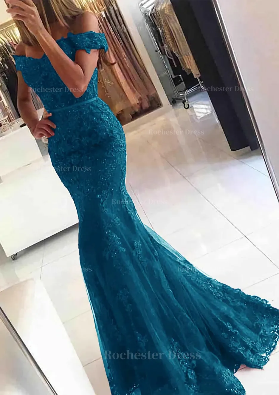Lace Long/Floor-Length Trumpet/Mermaid Sleeveless Off-The-Shoulder Zipper Prom Dress With Appliqued Beaded