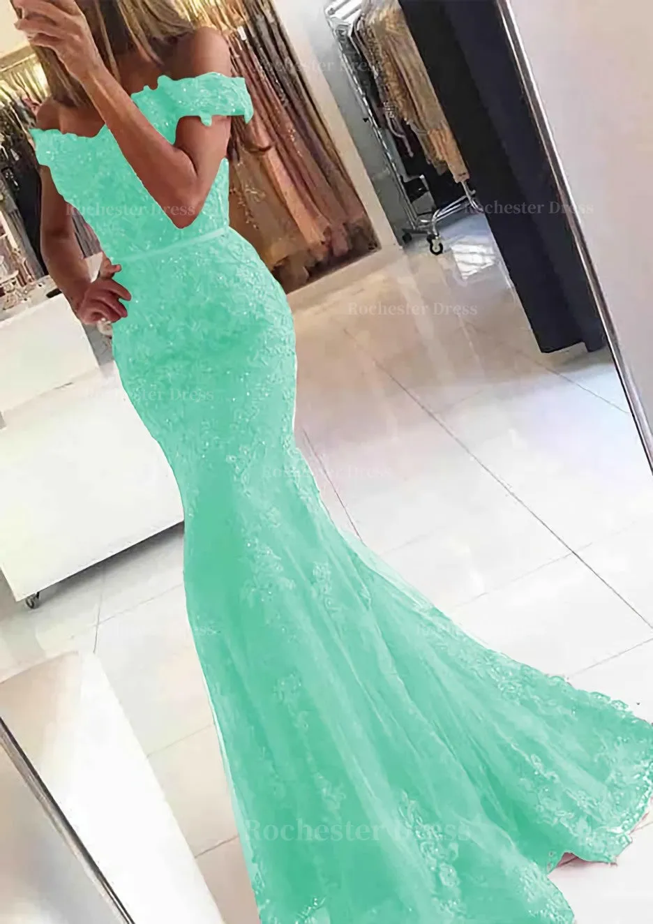 Lace Long/Floor-Length Trumpet/Mermaid Sleeveless Off-The-Shoulder Zipper Prom Dress With Appliqued Beaded