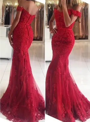 Lace Long/Floor-Length Trumpet/Mermaid Sleeveless Off-The-Shoulder Zipper Prom Dress With Appliqued Beaded