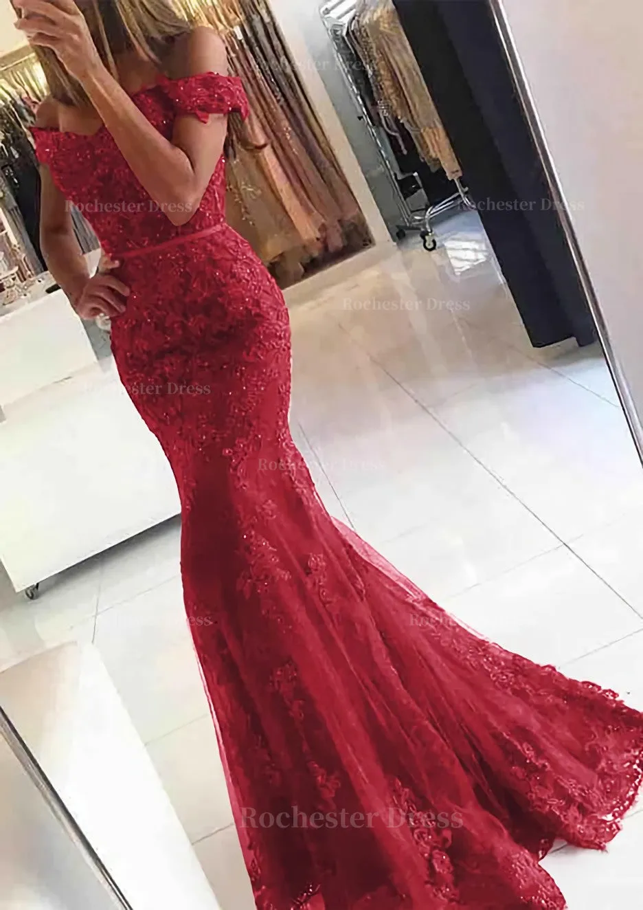 Lace Long/Floor-Length Trumpet/Mermaid Sleeveless Off-The-Shoulder Zipper Prom Dress With Appliqued Beaded