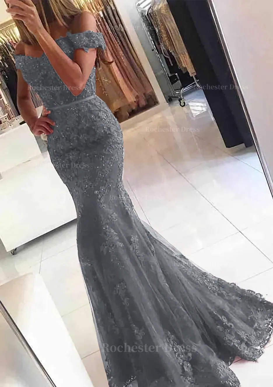 Lace Long/Floor-Length Trumpet/Mermaid Sleeveless Off-The-Shoulder Zipper Prom Dress With Appliqued Beaded