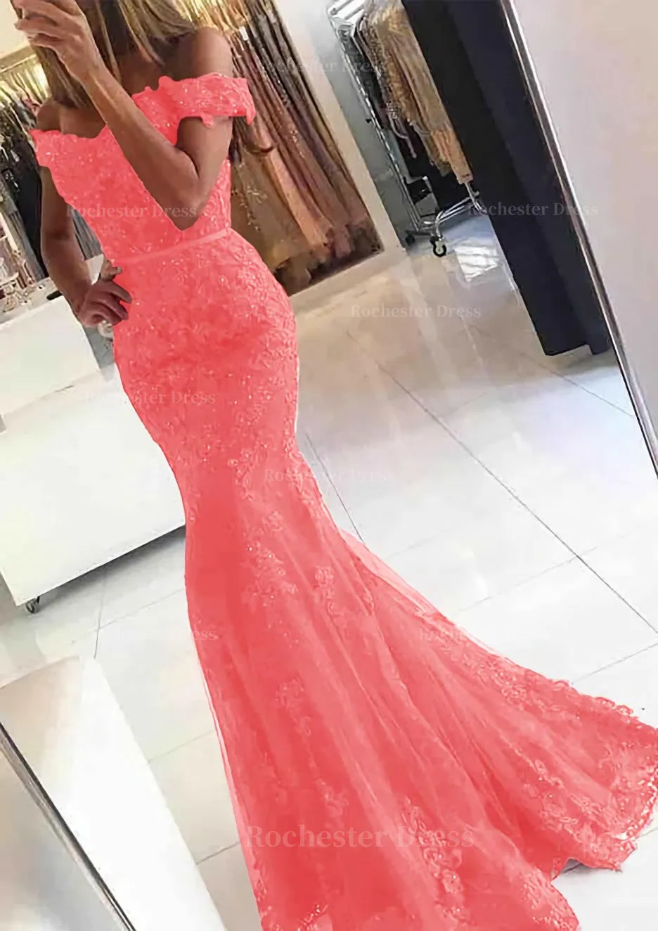 Lace Long/Floor-Length Trumpet/Mermaid Sleeveless Off-The-Shoulder Zipper Prom Dress With Appliqued Beaded