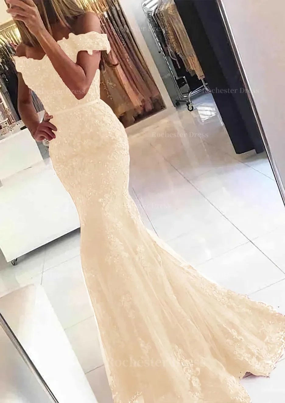 Lace Long/Floor-Length Trumpet/Mermaid Sleeveless Off-The-Shoulder Zipper Prom Dress With Appliqued Beaded