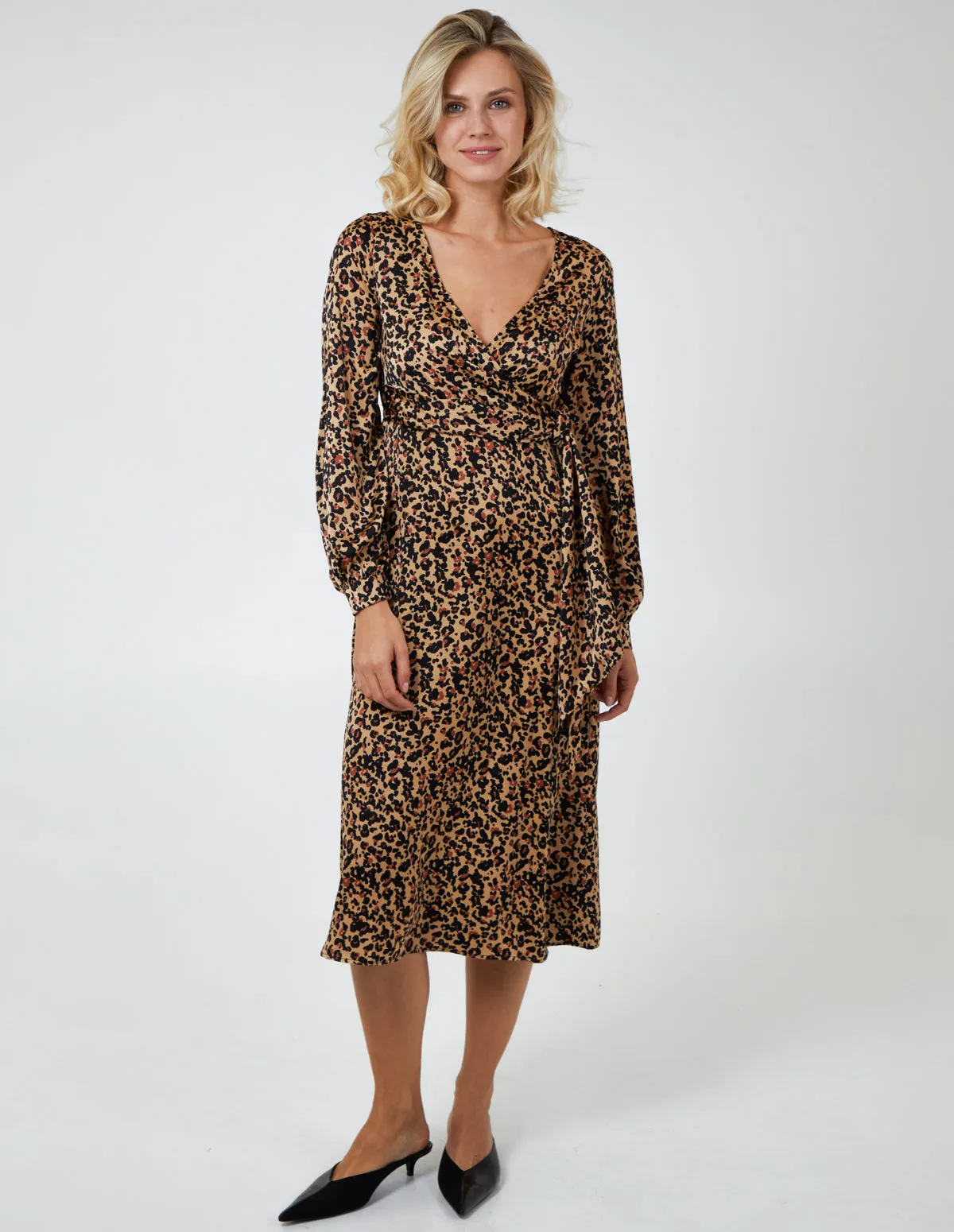 Leopard Print Wrap Midi Dress