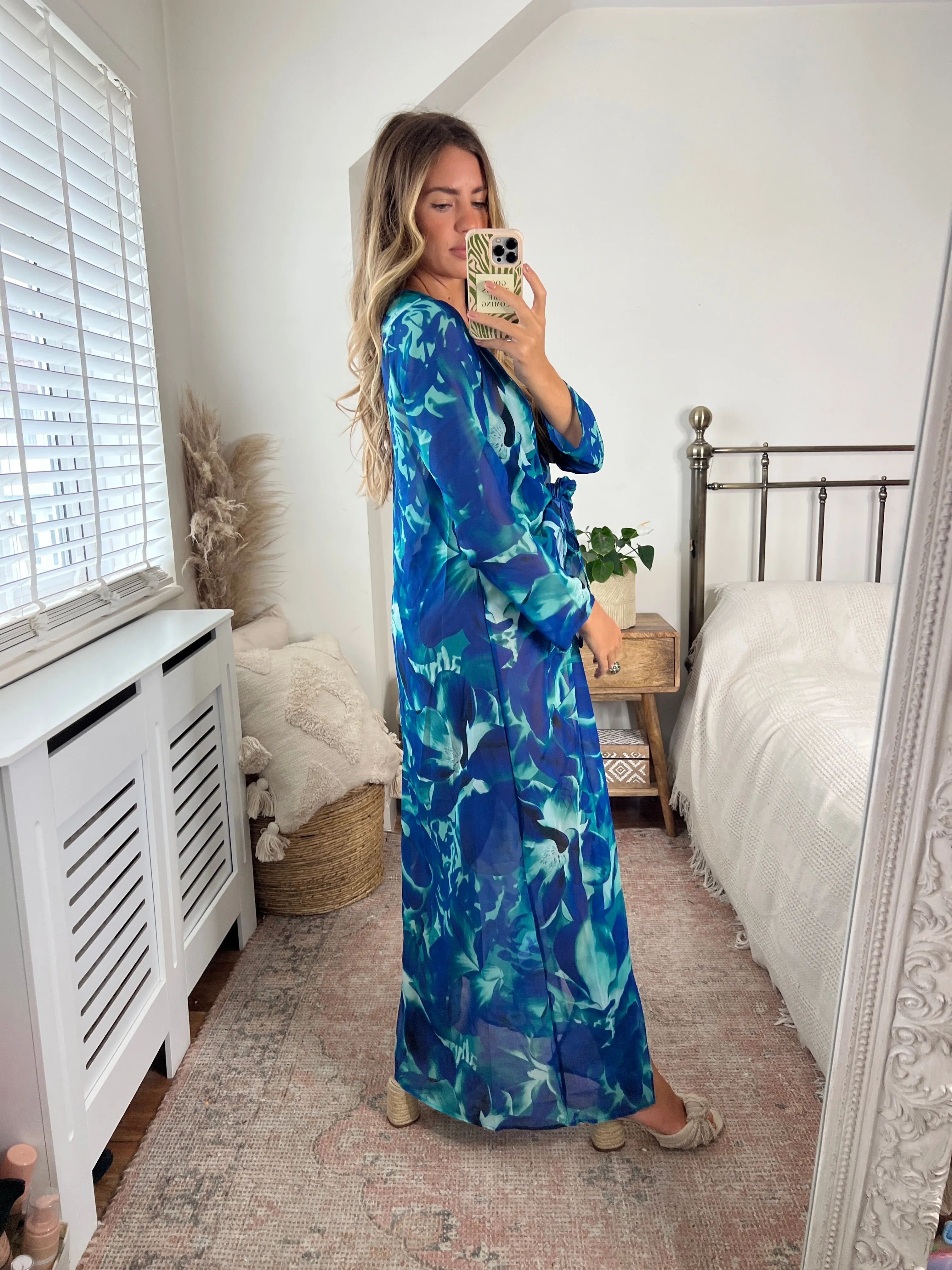 Lightweight Wrap Maxi Tunic in Sax Abstract print