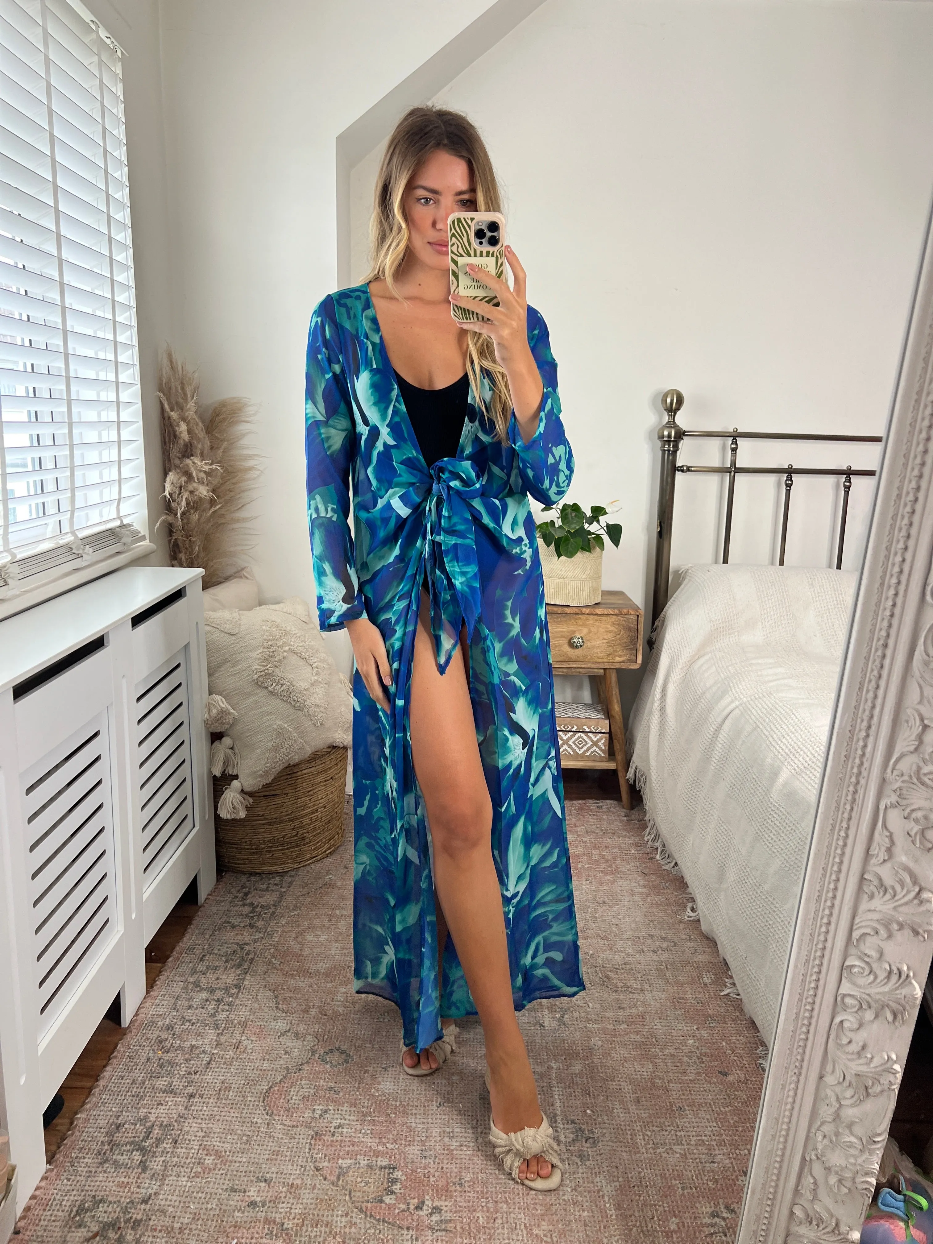 Lightweight Wrap Maxi Tunic in Sax Abstract print