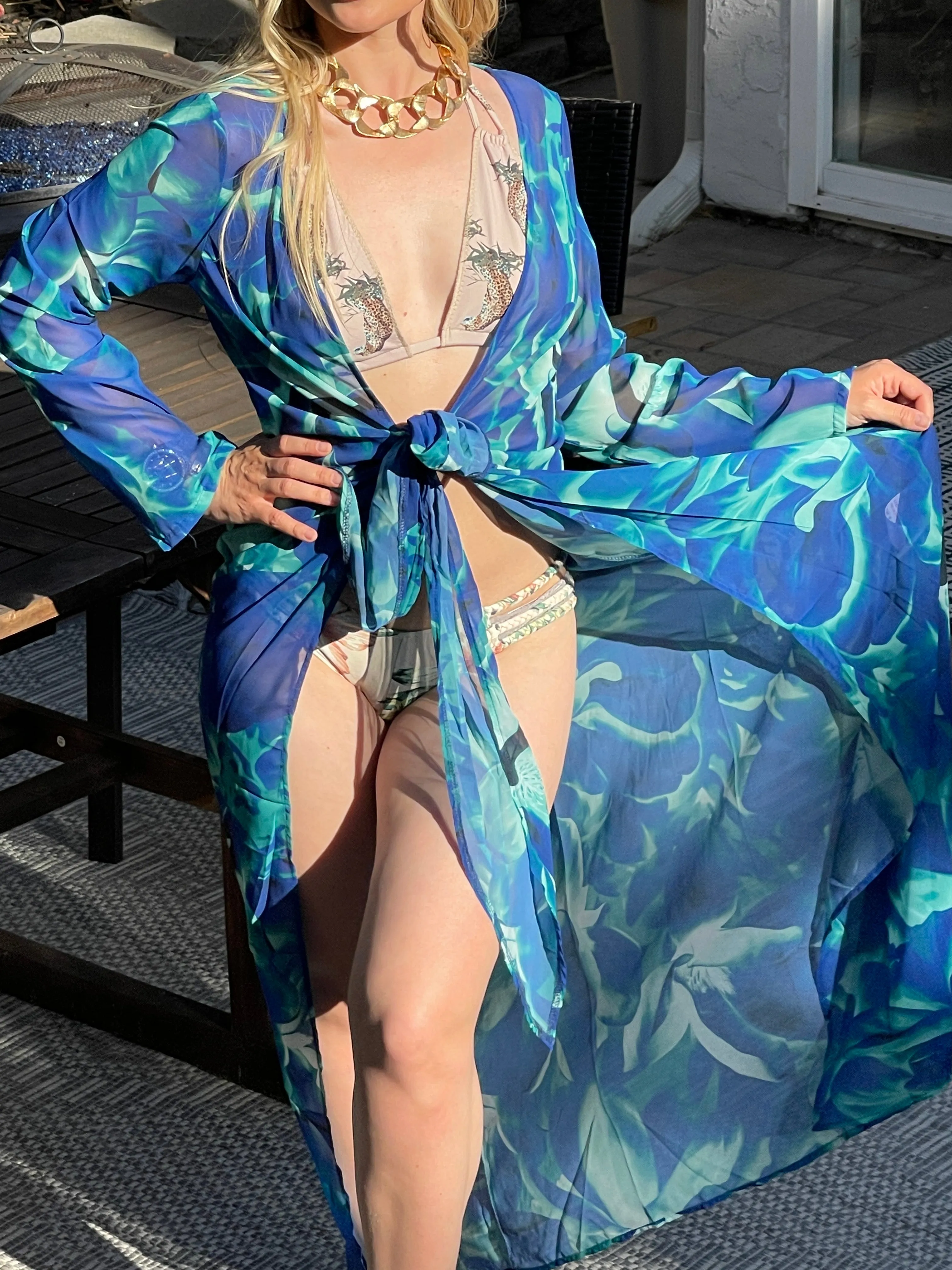 Lightweight Wrap Maxi Tunic in Sax Abstract print