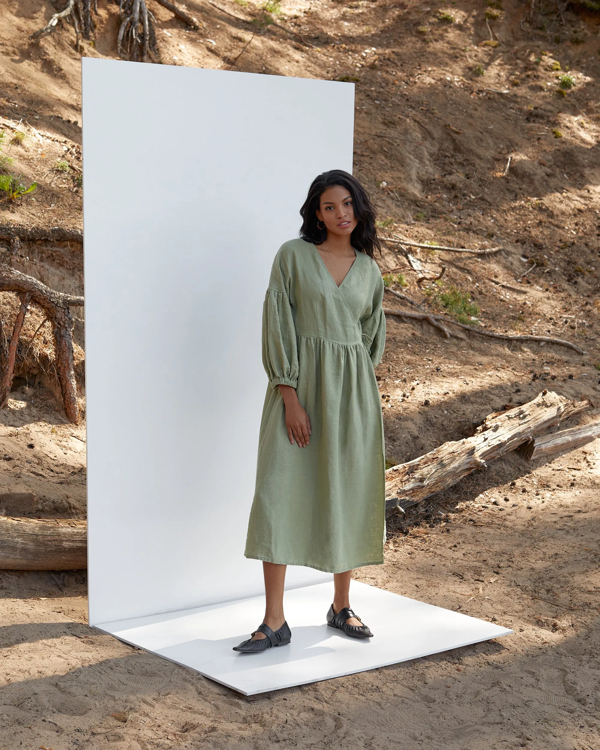 Linen wrap dress puff sleeves OLBIA in Sage