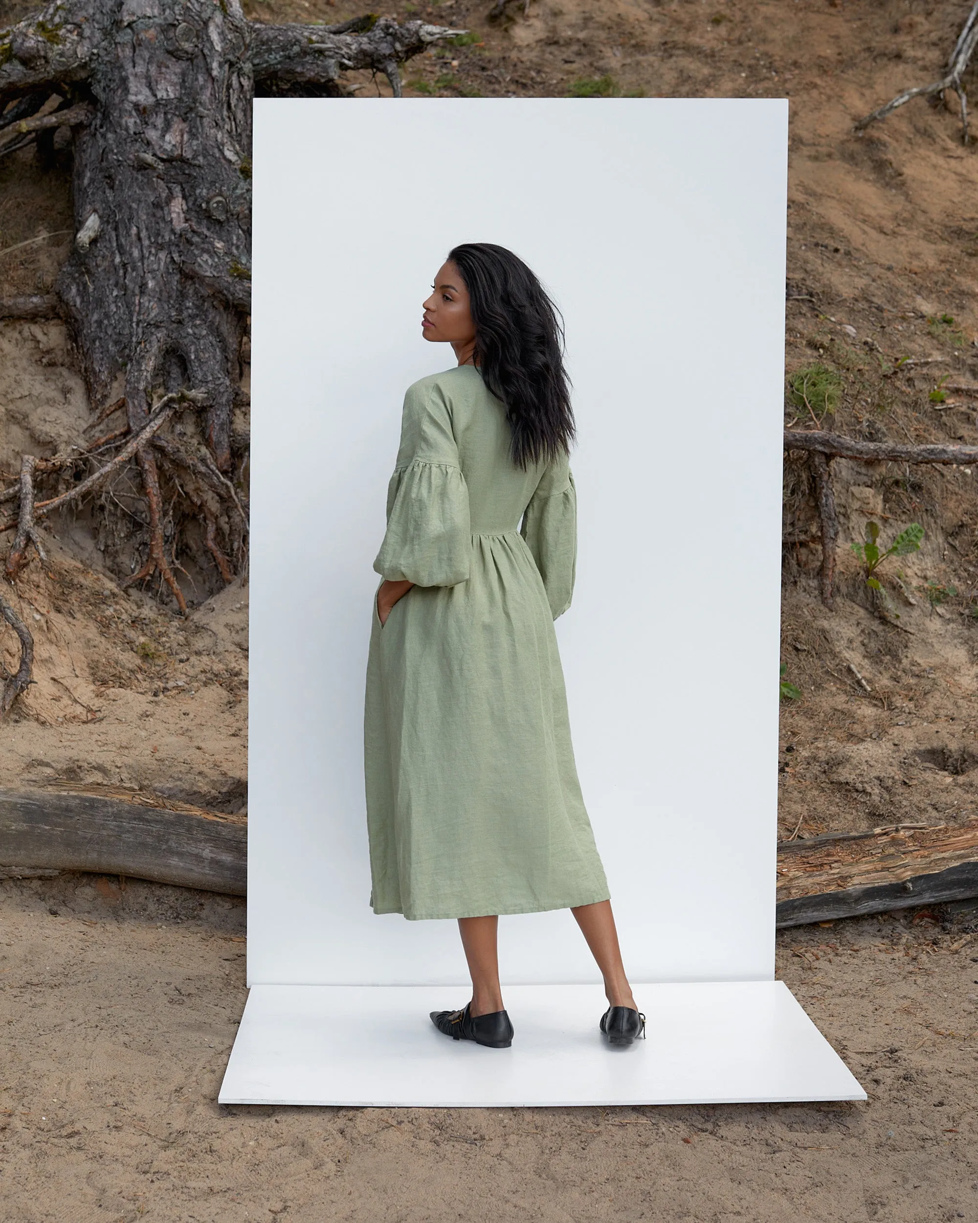 Linen wrap dress puff sleeves OLBIA in Sage