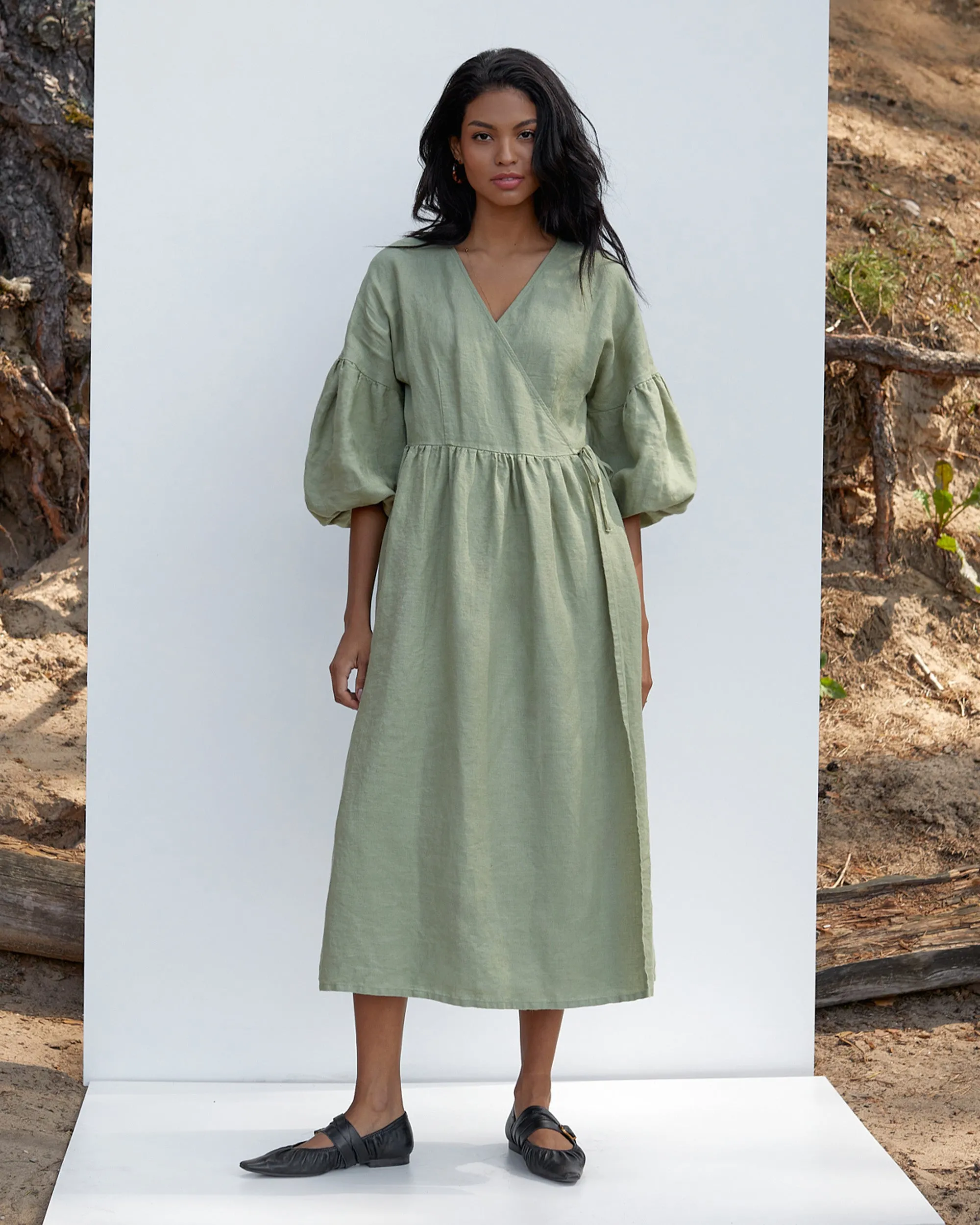 Linen wrap dress puff sleeves OLBIA in Sage