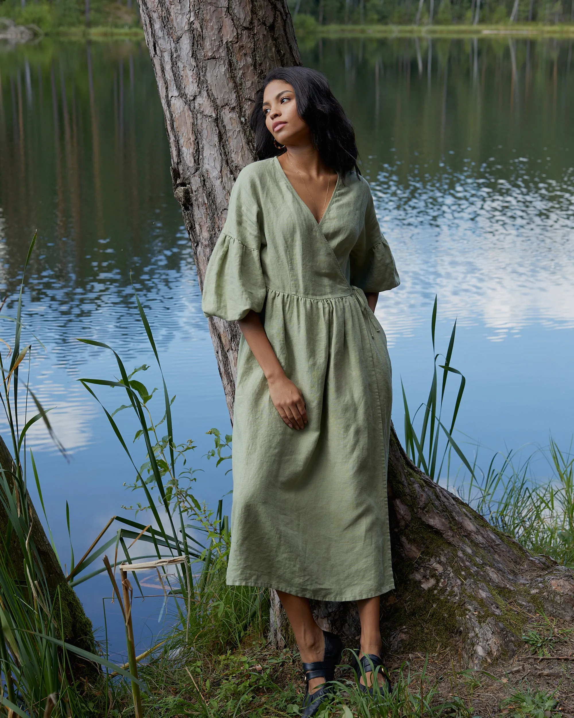 Linen wrap dress puff sleeves OLBIA in Sage