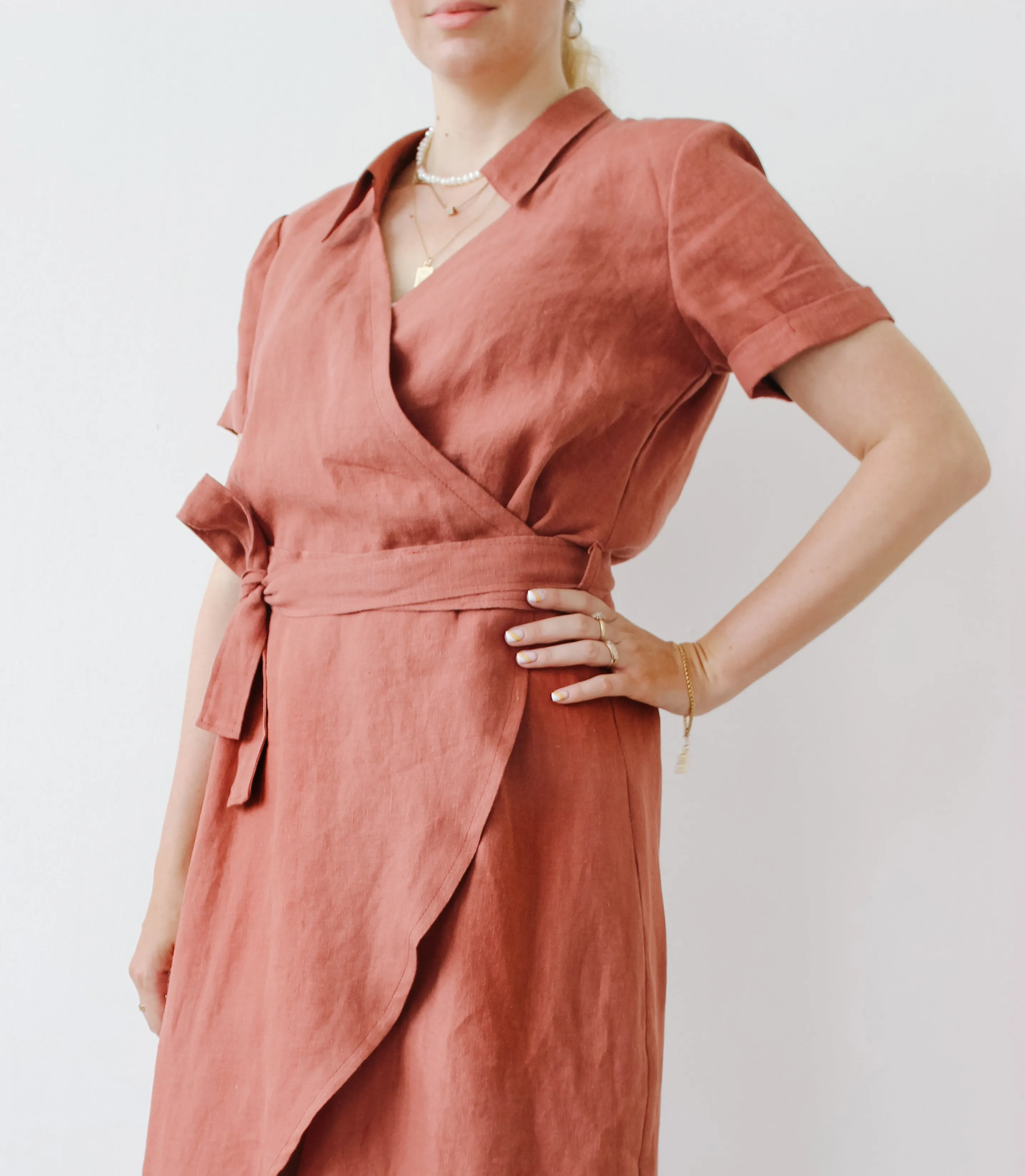 Linen wrap dress with waist tie