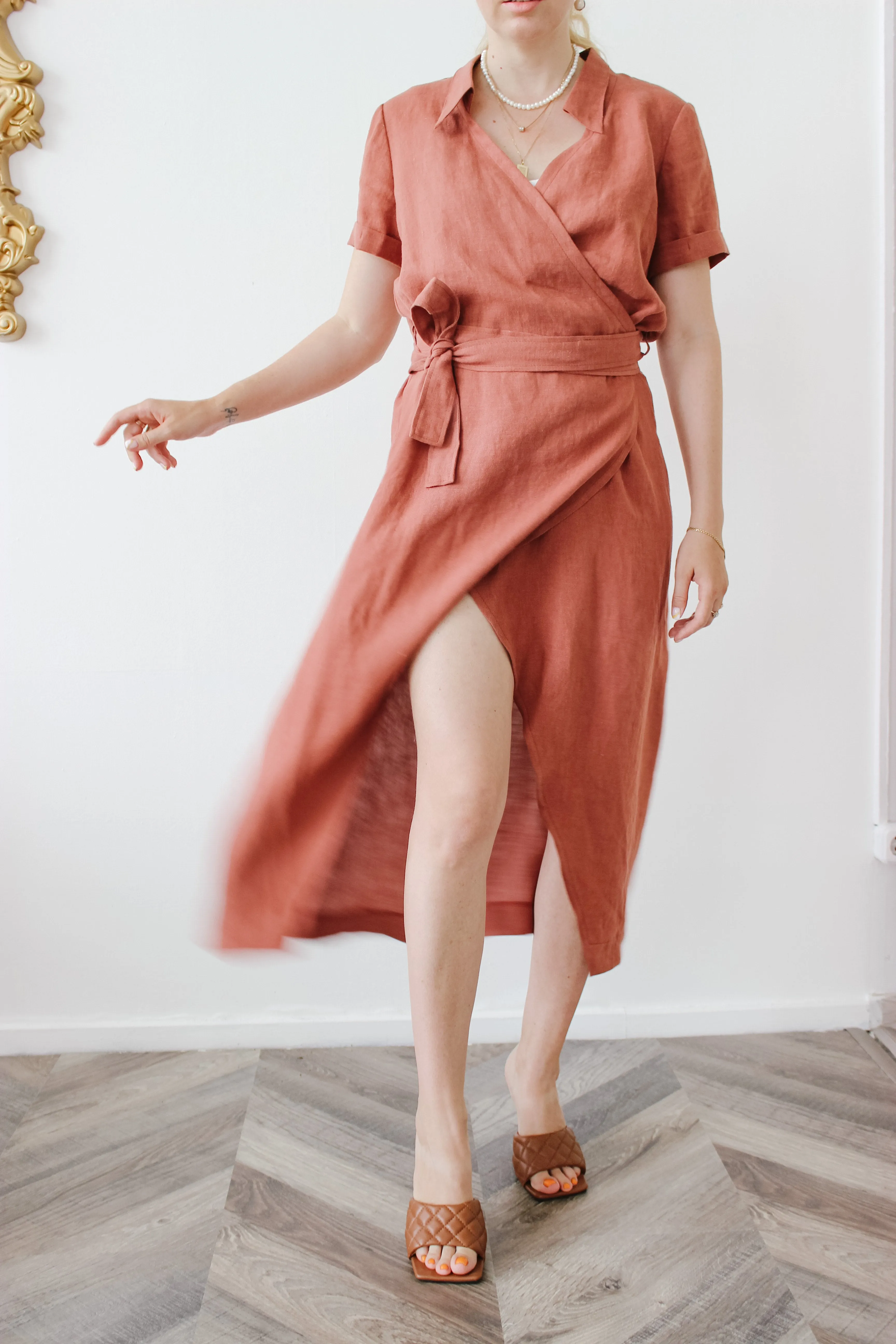 Linen wrap dress with waist tie