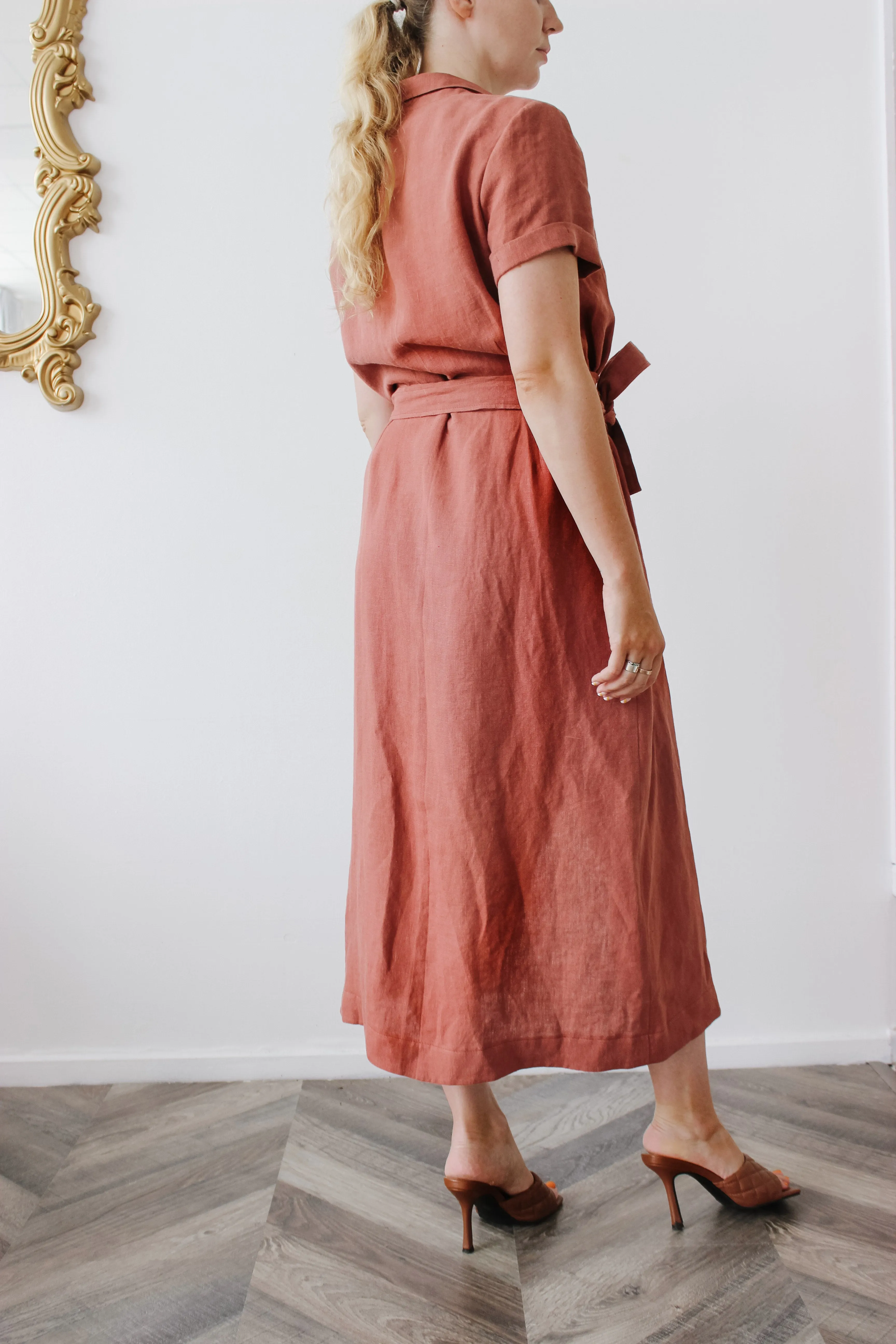 Linen wrap dress with waist tie