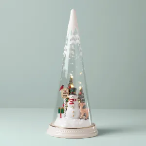 Lit Christmas Cone with North Pole Snowman Scene