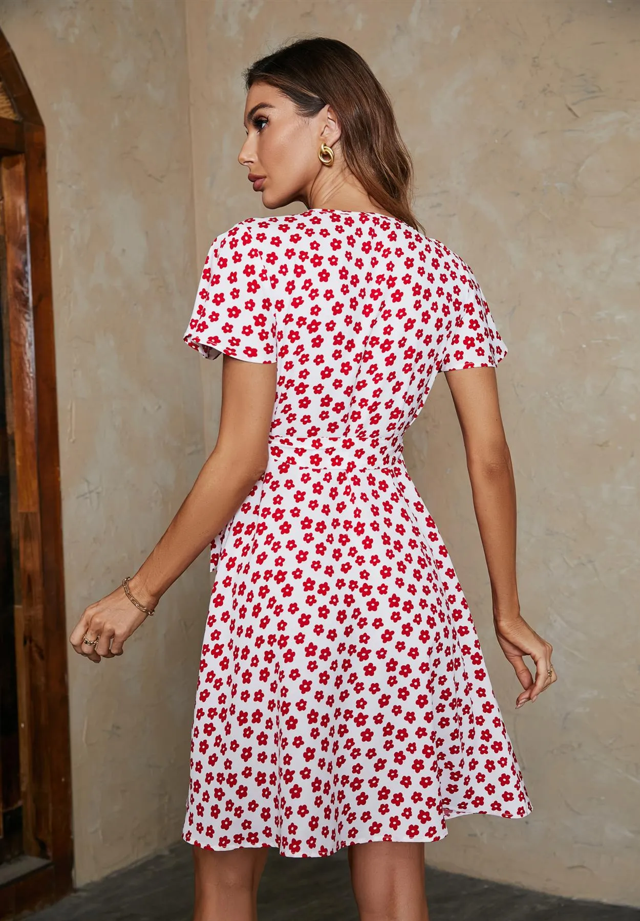 Little Floral Print Angel Sleeve Wrap Dress In White