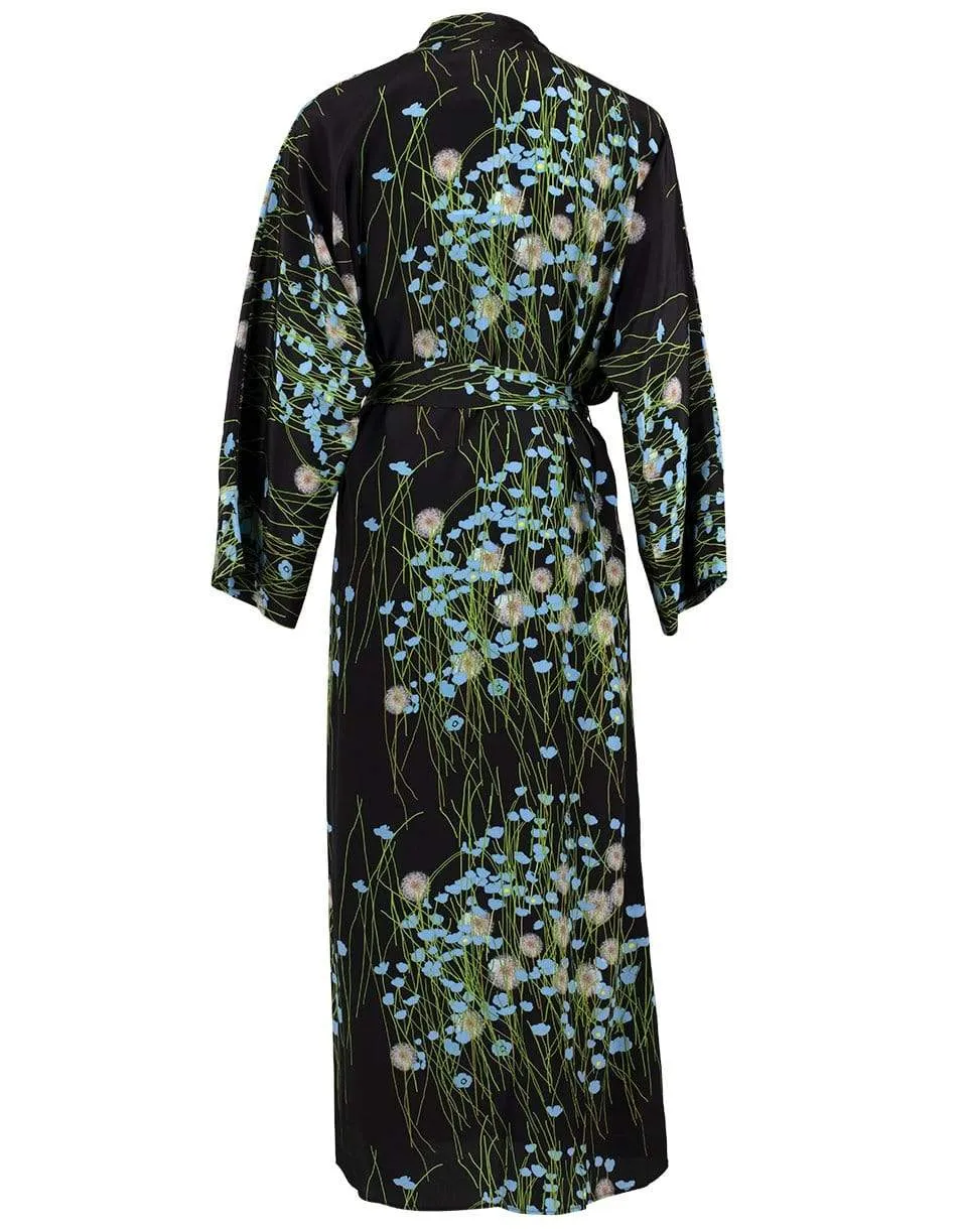 Long Peignoir Silk Coat - Blue & Black