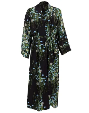 Long Peignoir Silk Coat - Blue & Black